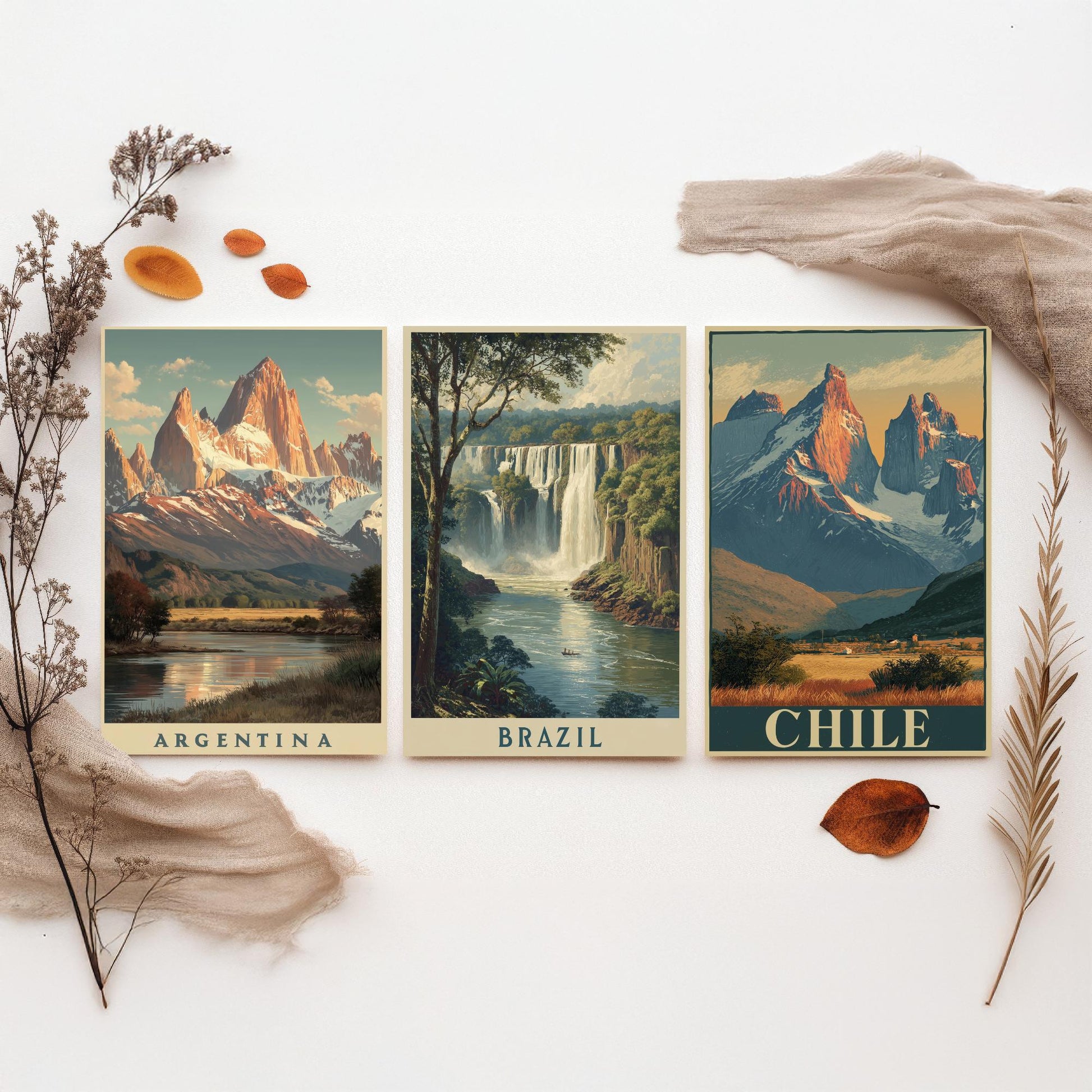 South America Set of Three Travel Posters - Argentina, Brazil, Chile - 3 Vintage Landscape Art Prints - Golden Hour Painting