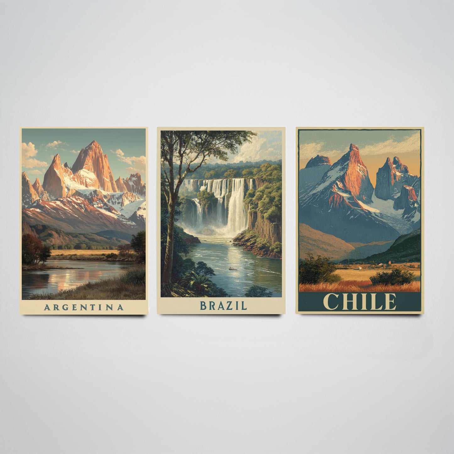 South America Set of Three Travel Posters - Argentina, Brazil, Chile - 3 Vintage Landscape Art Prints - Golden Hour Painting