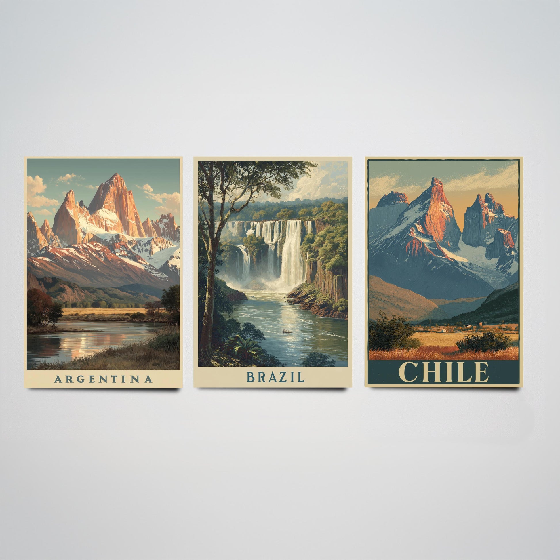 South America Set of Three Travel Posters - Argentina, Brazil, Chile - 3 Vintage Landscape Art Prints - Golden Hour Painting