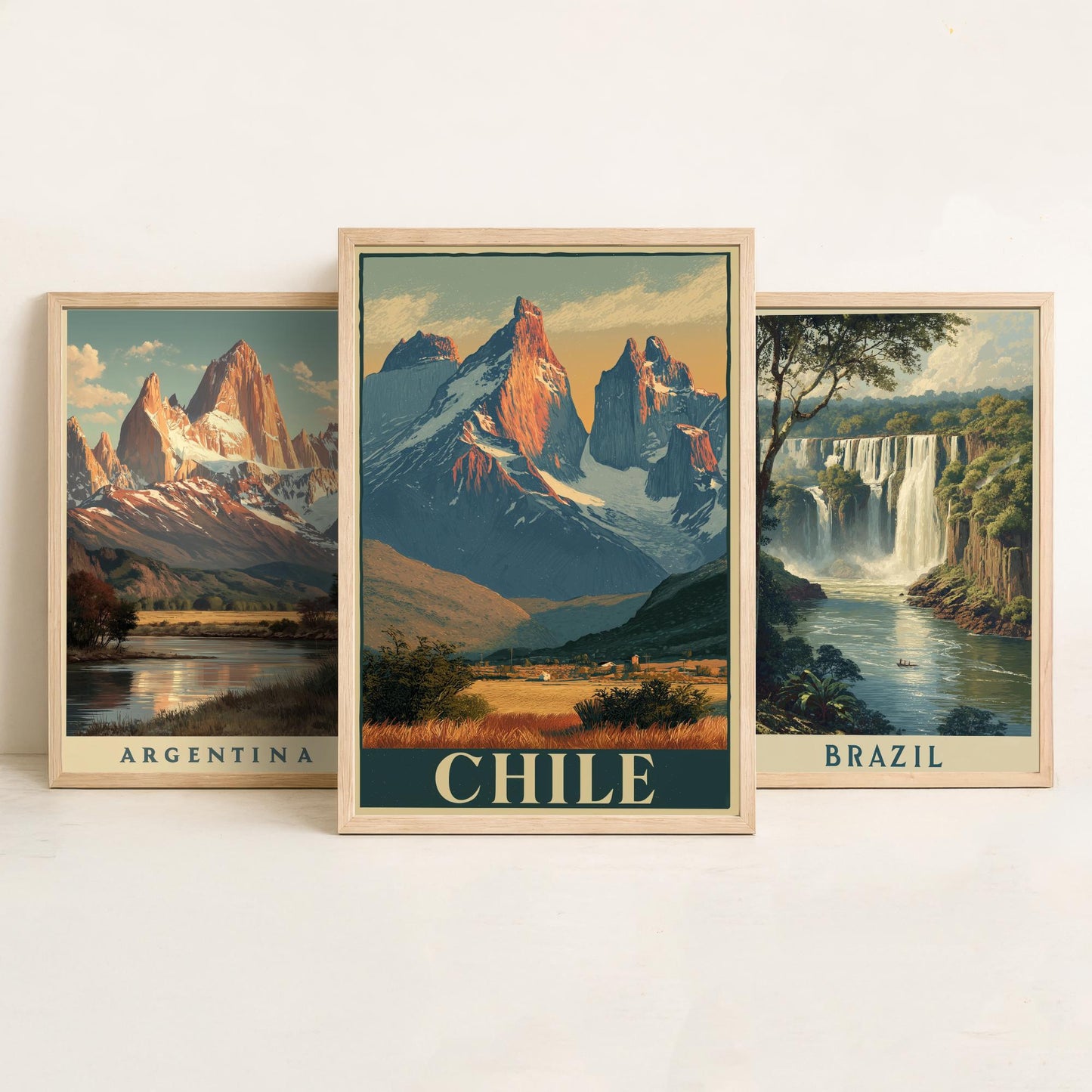 South America Set of Three Travel Posters - Argentina, Brazil, Chile - 3 Vintage Landscape Art Prints - Golden Hour Painting