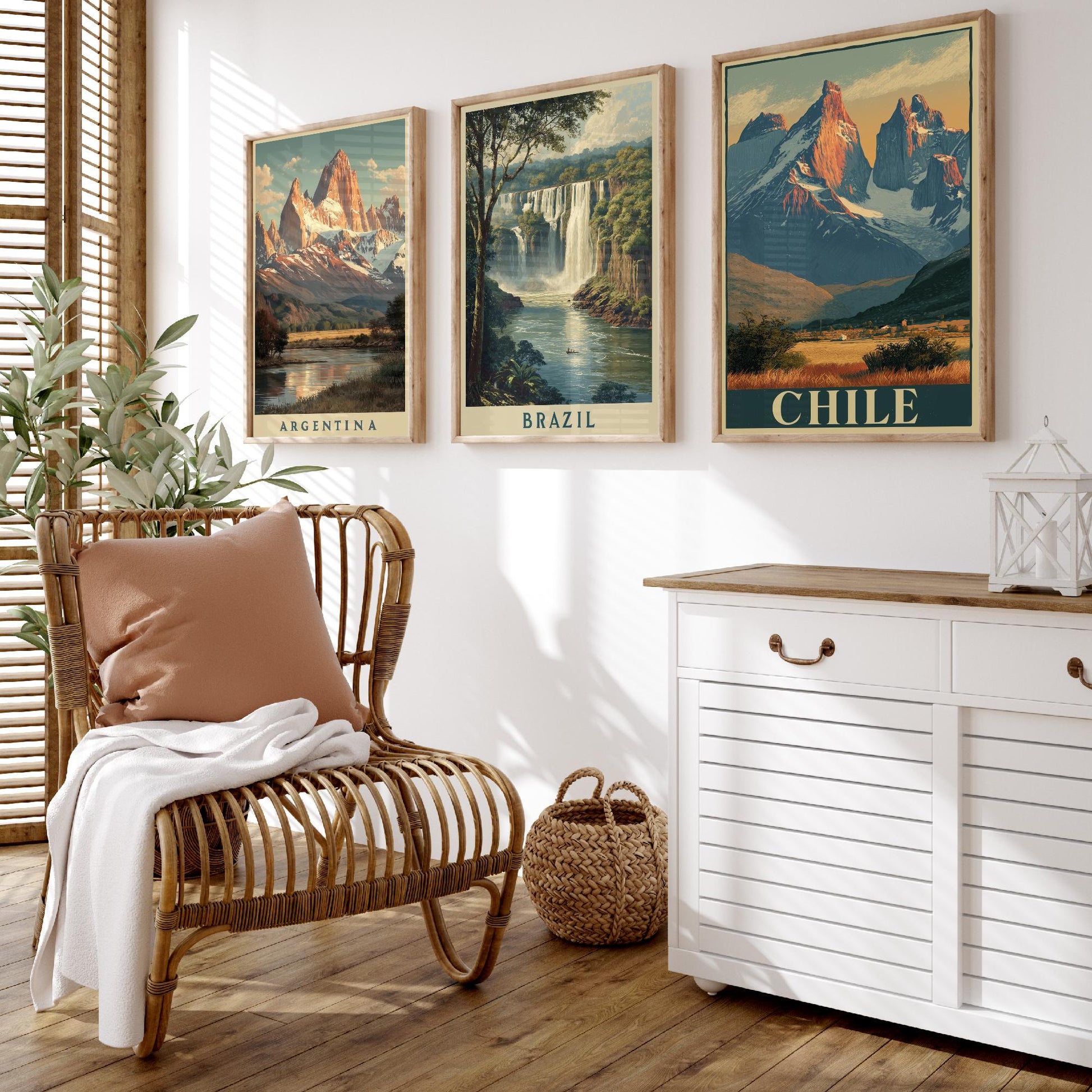 South America Set of Three Travel Posters - Argentina, Brazil, Chile - 3 Vintage Landscape Art Prints - Golden Hour Painting