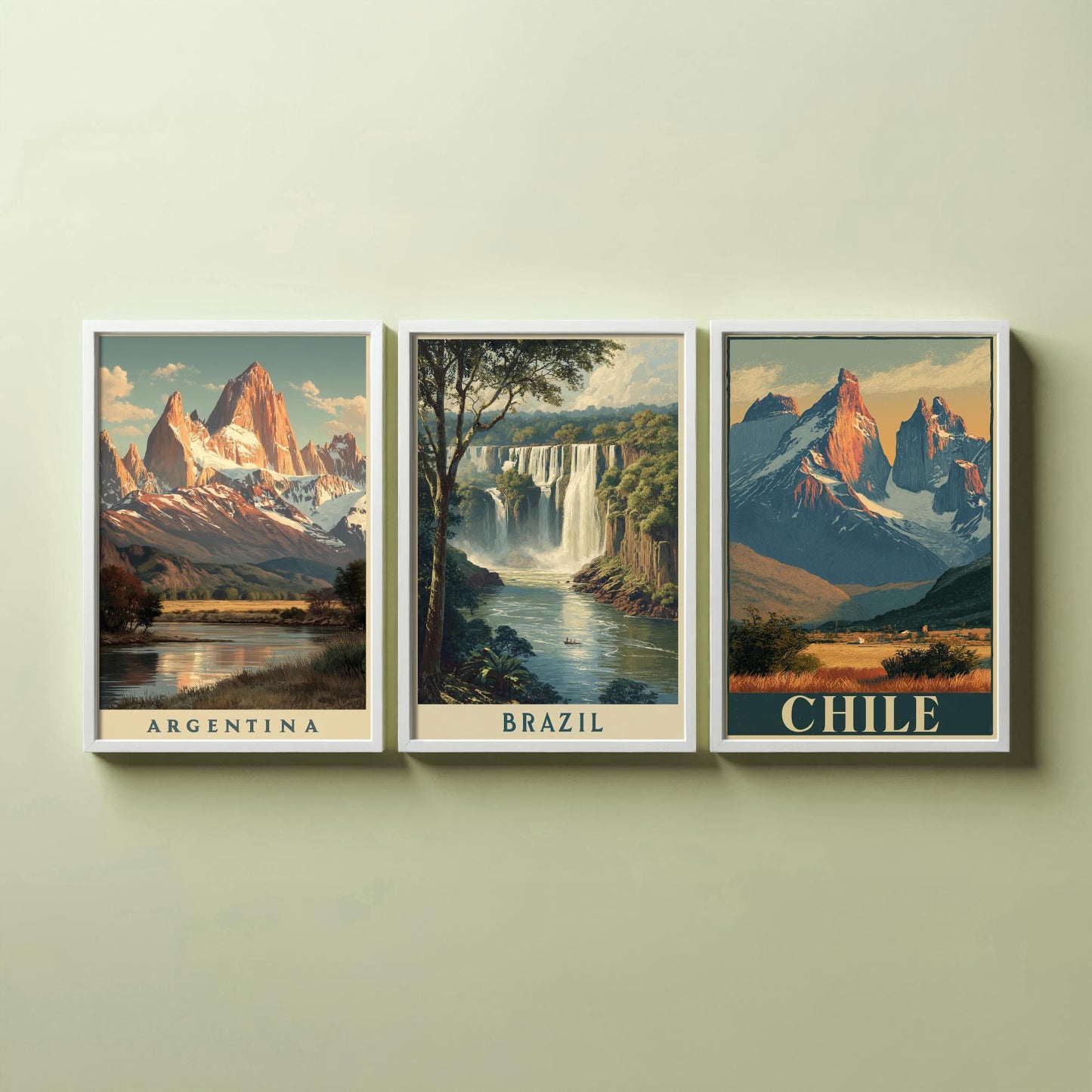 South America Set of Three Travel Posters - Argentina, Brazil, Chile - 3 Vintage Landscape Art Prints - Golden Hour Painting