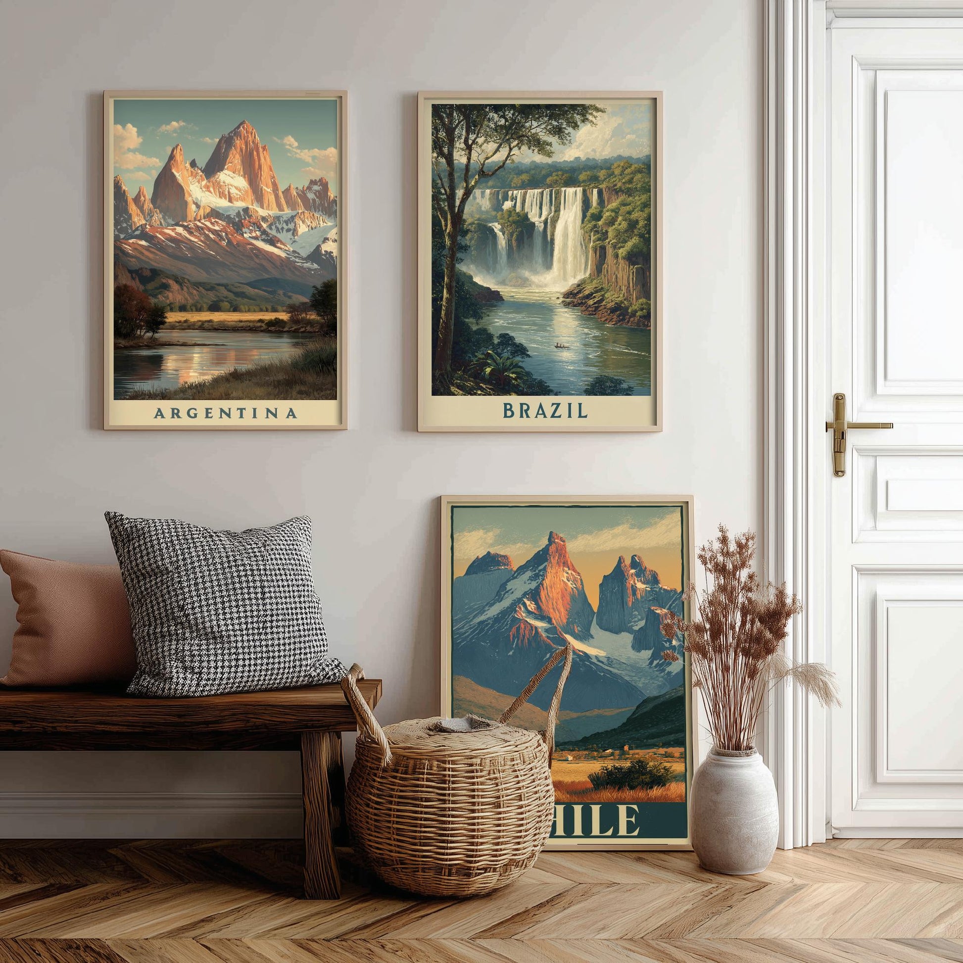 South America Set of Three Travel Posters - Argentina, Brazil, Chile - 3 Vintage Landscape Art Prints - Golden Hour Painting
