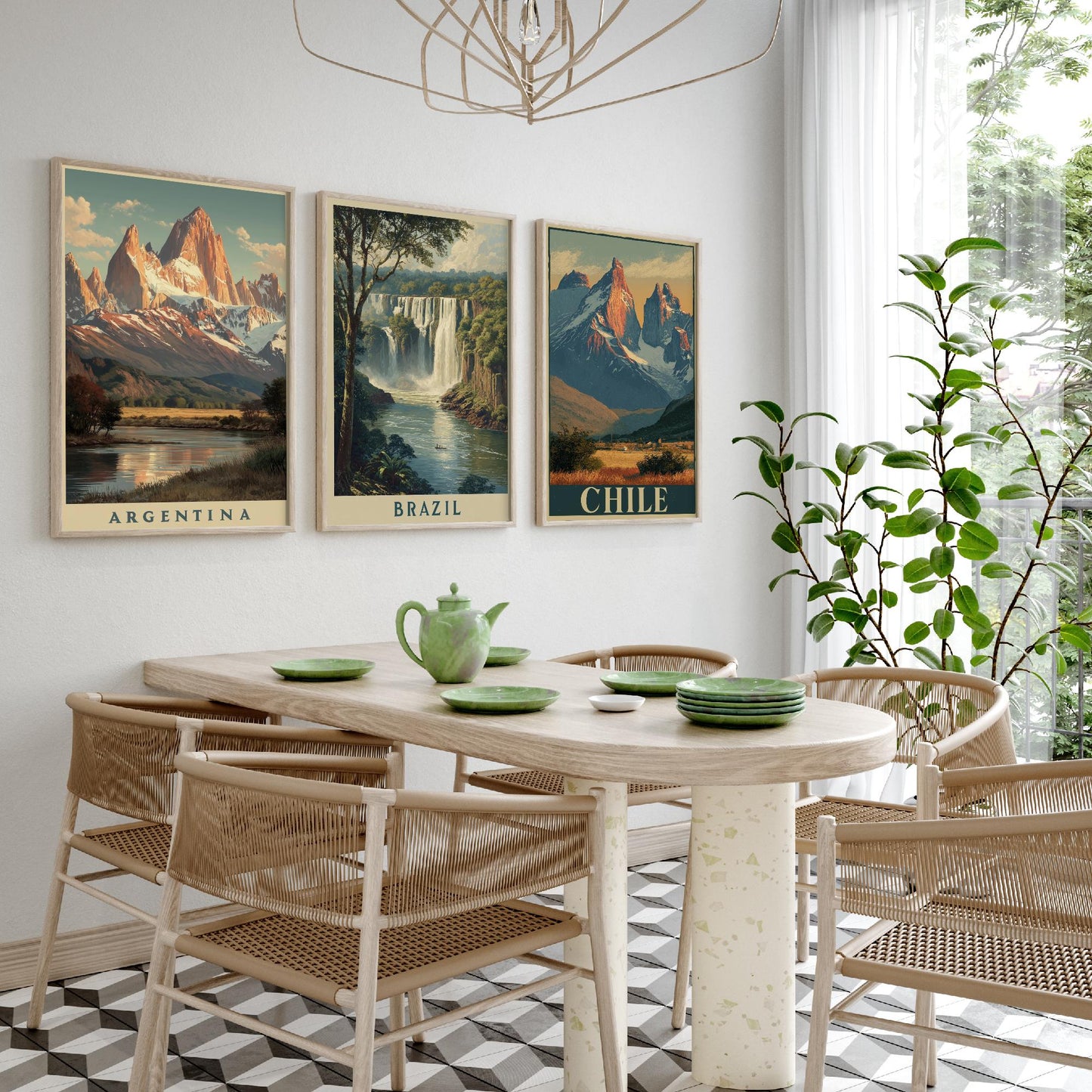 South America Set of Three Travel Posters - Argentina, Brazil, Chile - 3 Vintage Landscape Art Prints - Golden Hour Painting