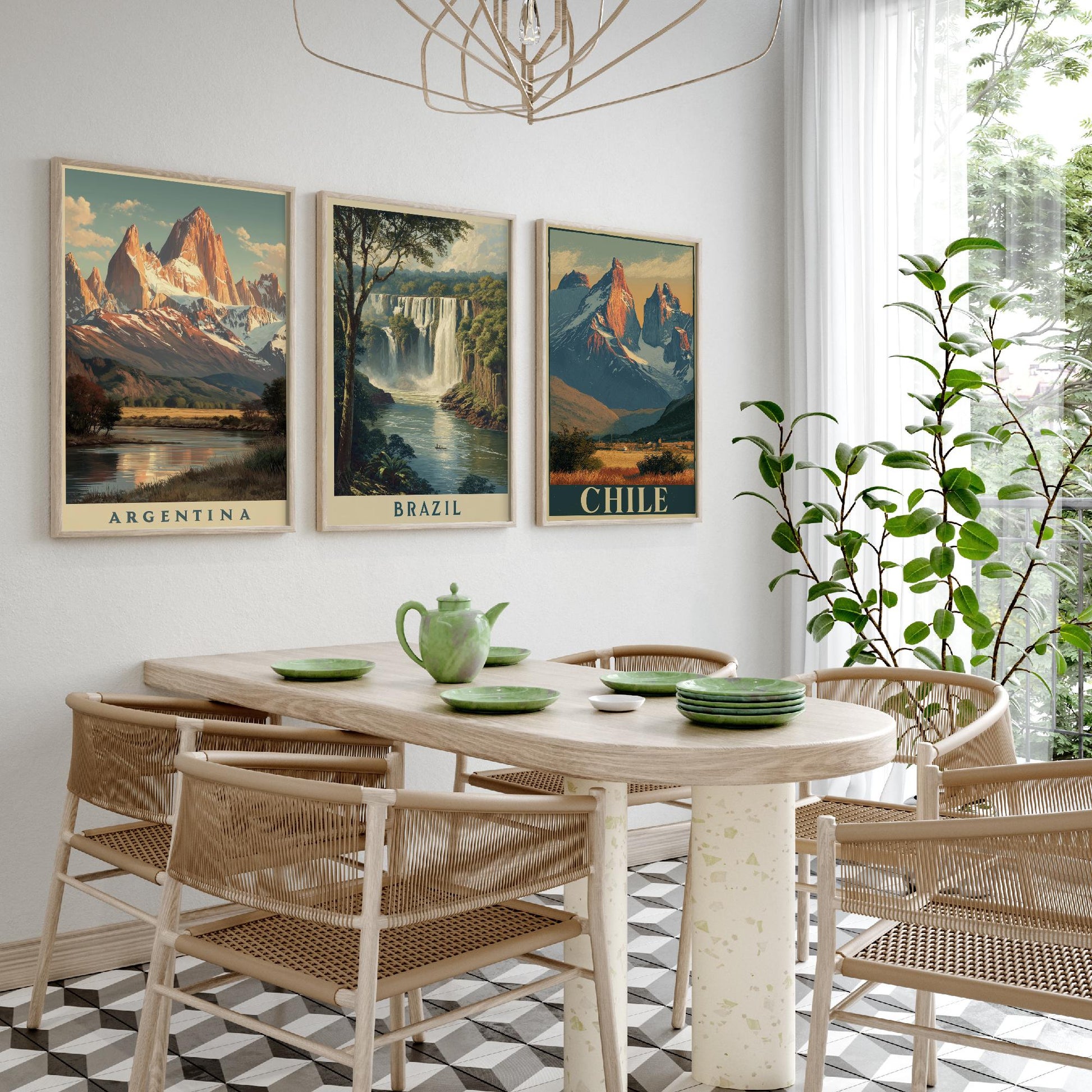 South America Set of Three Travel Posters - Argentina, Brazil, Chile - 3 Vintage Landscape Art Prints - Golden Hour Painting