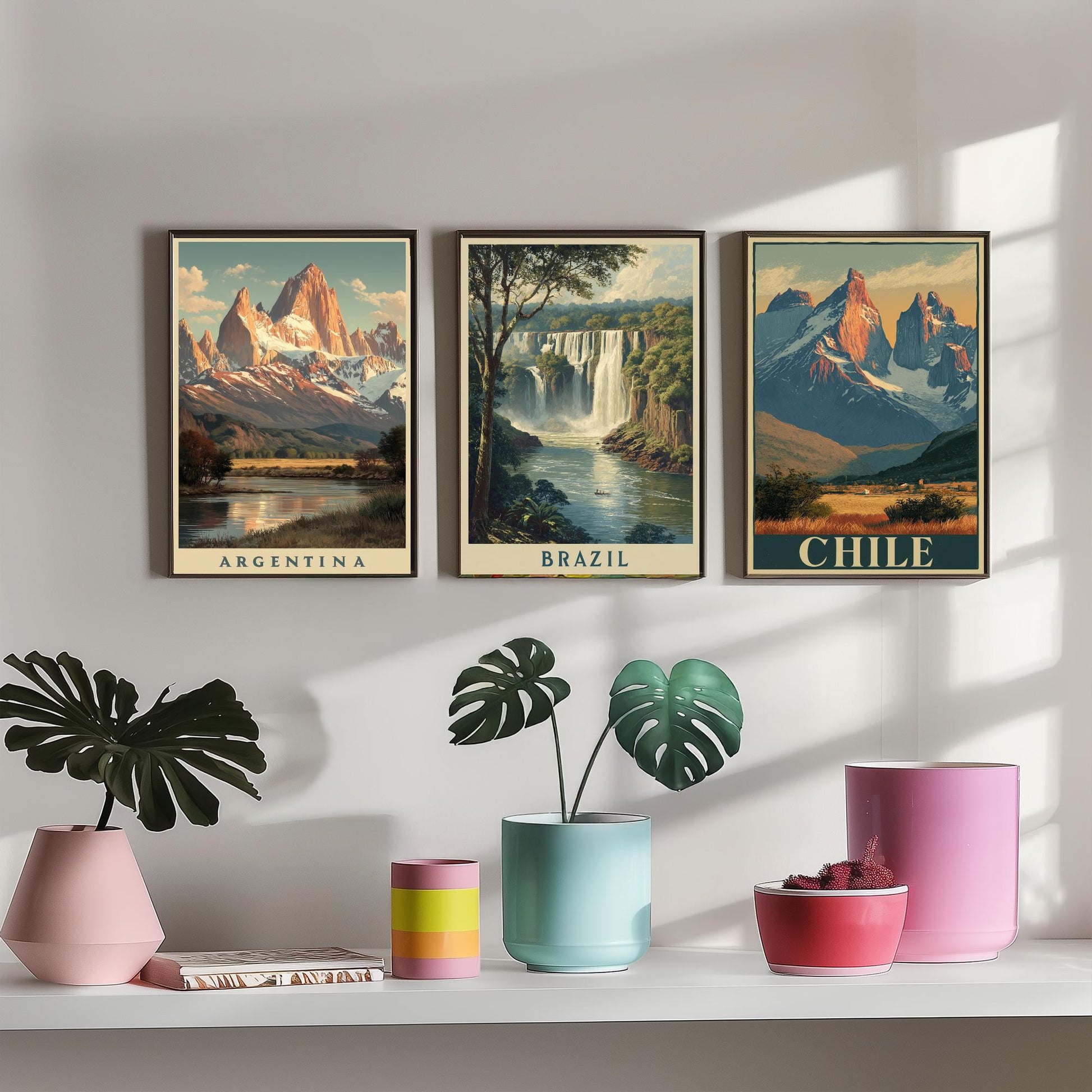 South America Set of Three Travel Posters - Argentina, Brazil, Chile - 3 Vintage Landscape Art Prints - Golden Hour Painting