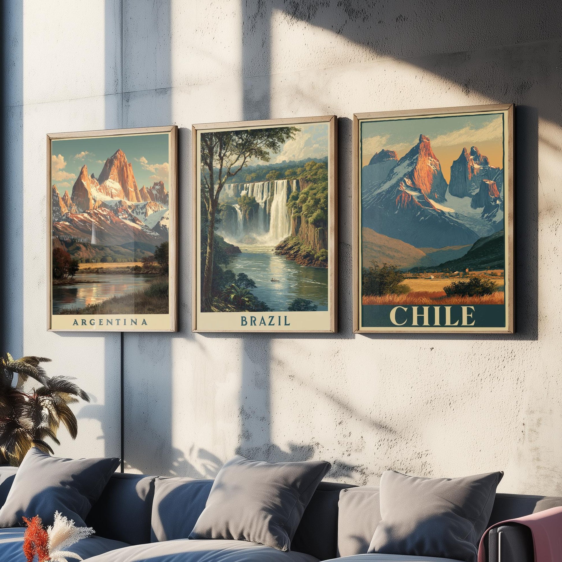 South America Set of Three Travel Posters - Argentina, Brazil, Chile - 3 Vintage Landscape Art Prints - Golden Hour Painting