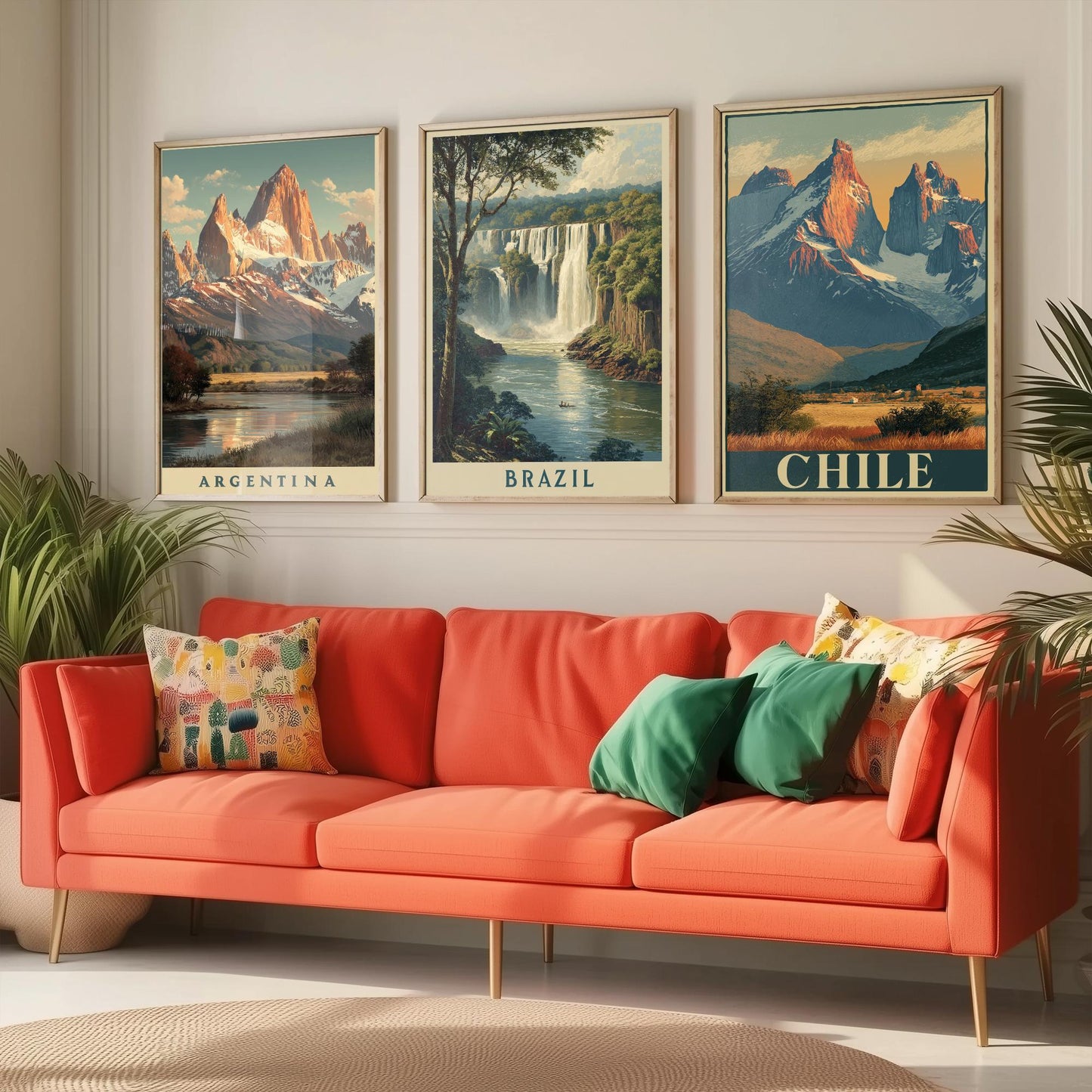 South America Set of Three Travel Posters - Argentina, Brazil, Chile - 3 Vintage Landscape Art Prints - Golden Hour Painting