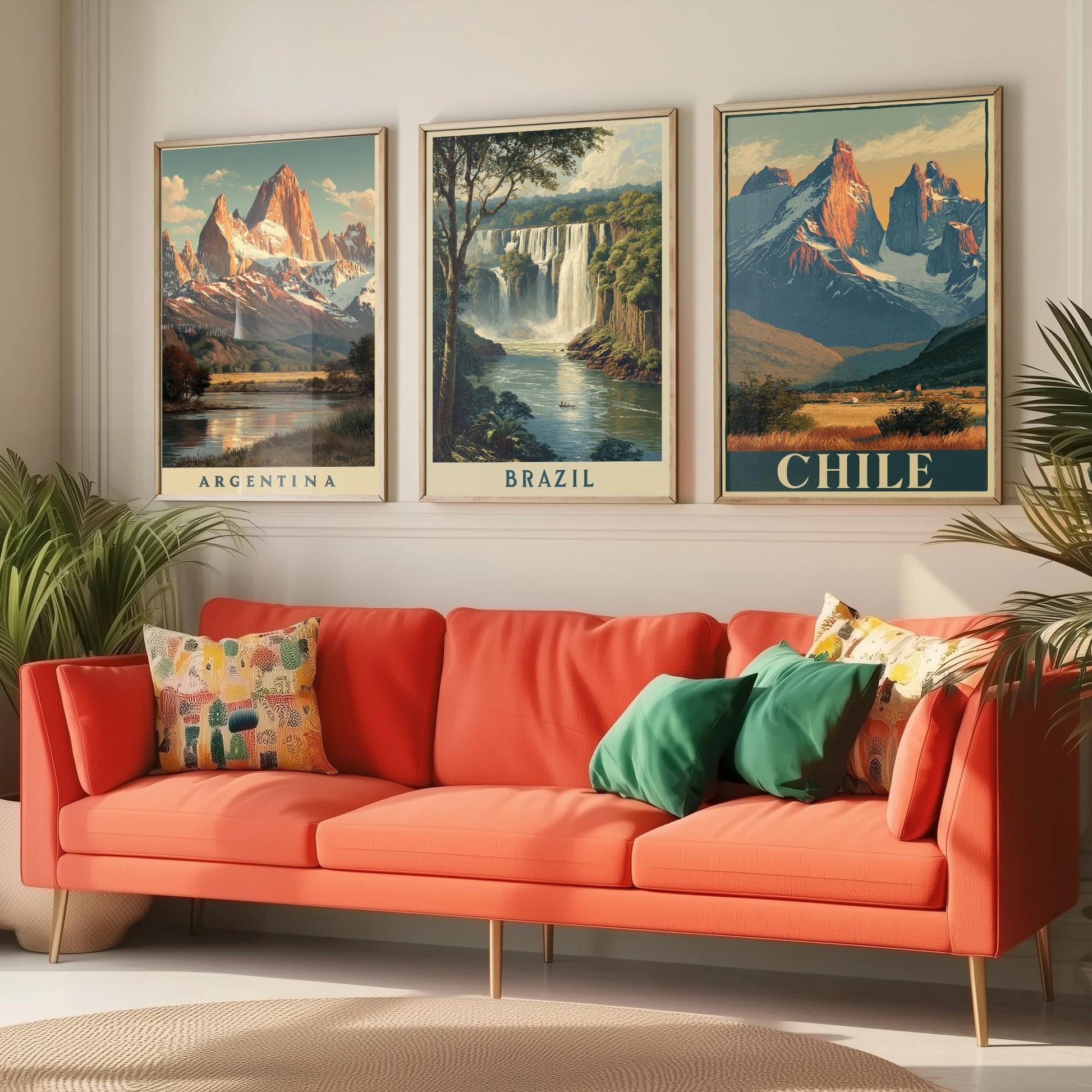 South America Set of Three Travel Posters - Argentina, Brazil, Chile - 3 Vintage Landscape Art Prints - Golden Hour Painting