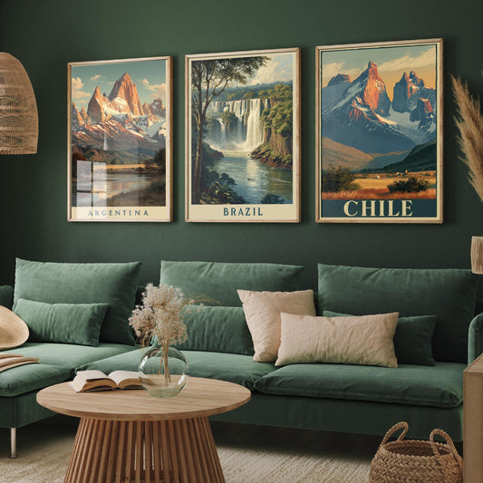 South America Set of Three Travel Posters - Argentina, Brazil, Chile - 3 Vintage Landscape Art Prints - Golden Hour Painting