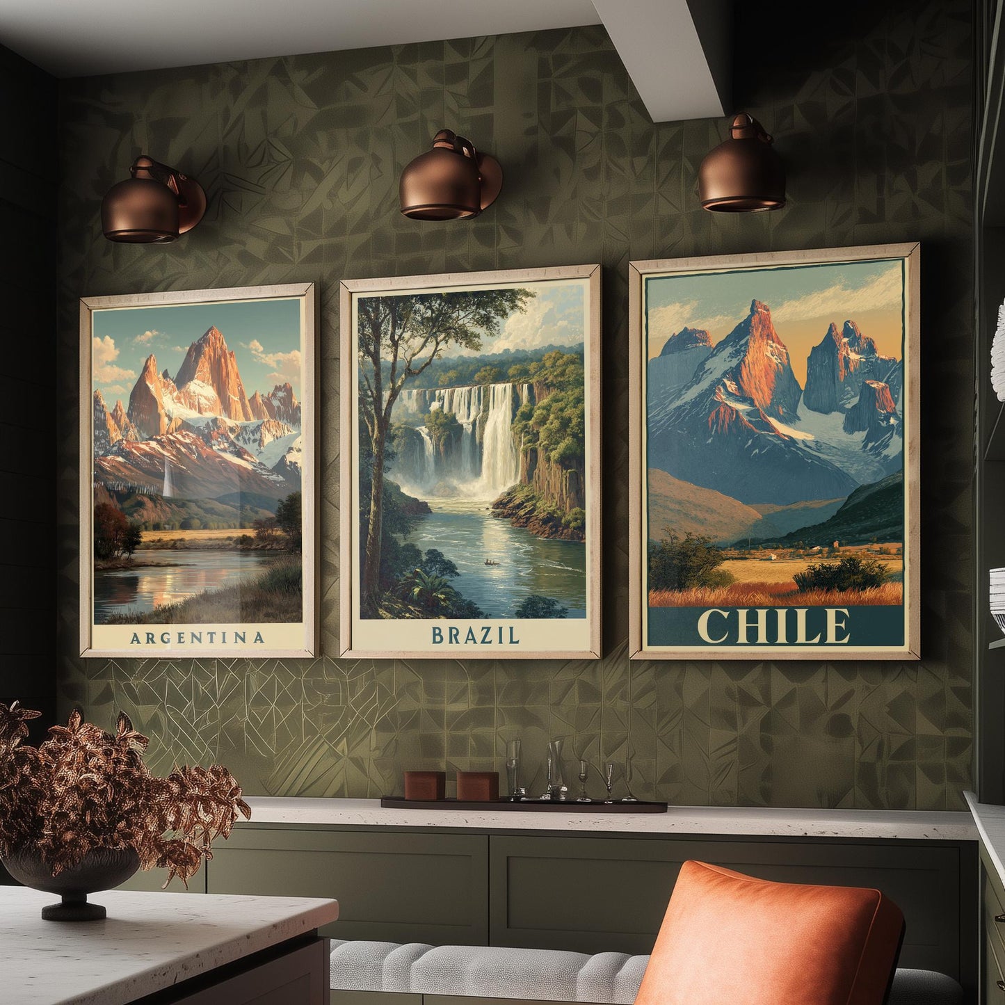 South America Set of Three Travel Posters - Argentina, Brazil, Chile - 3 Vintage Landscape Art Prints - Golden Hour Painting