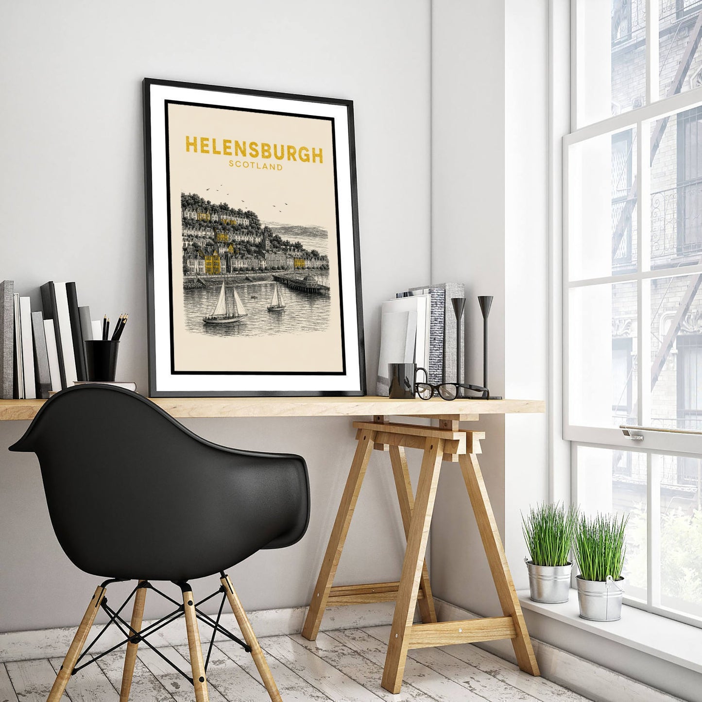 Helensburgh Scotland Travel Poster - Vintage Duotone Art Print - Engraved City Illustration - Seafront and Pier 1/3