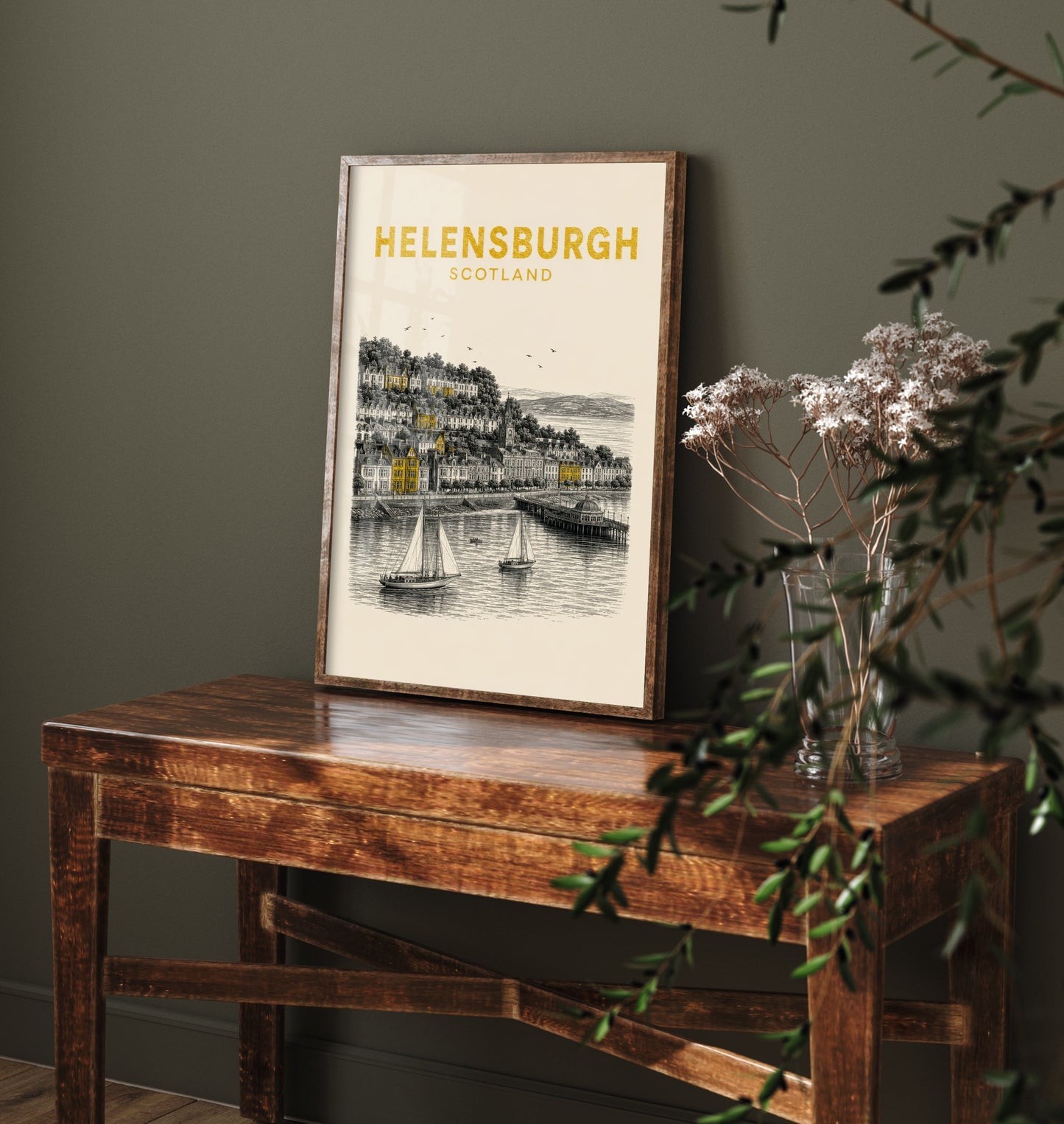 Helensburgh Scotland Travel Poster - Vintage Duotone Art Print - Engraved City Illustration - Seafront and Pier 1/3