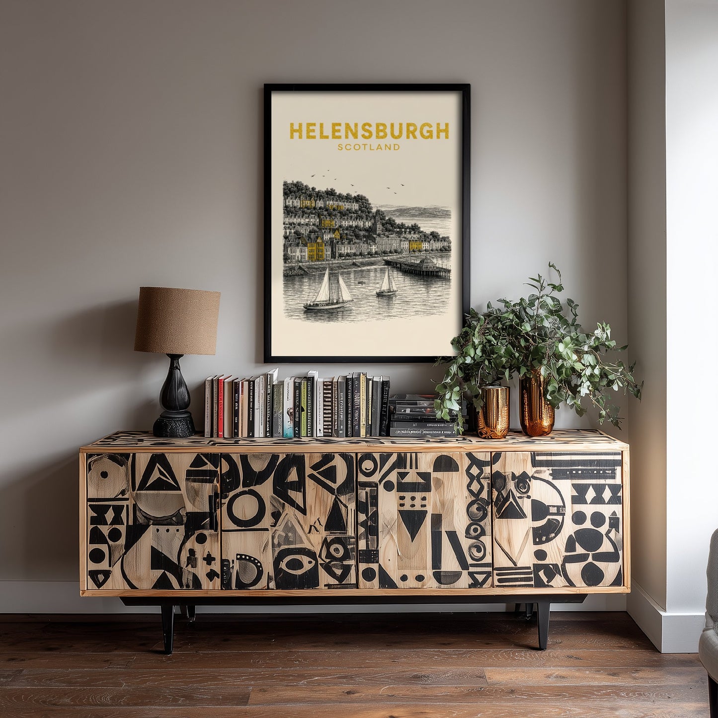 Helensburgh Scotland Travel Poster - Vintage Duotone Art Print - Engraved City Illustration - Seafront and Pier 1/3