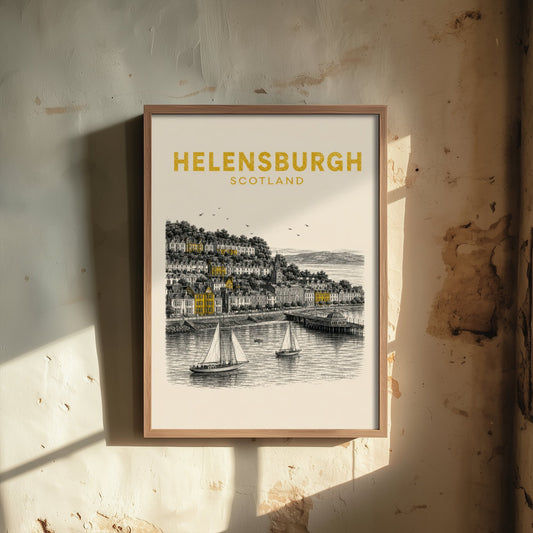Helensburgh Scotland Travel Poster - Vintage Duotone Art Print - Engraved City Illustration - Seafront and Pier 1/3