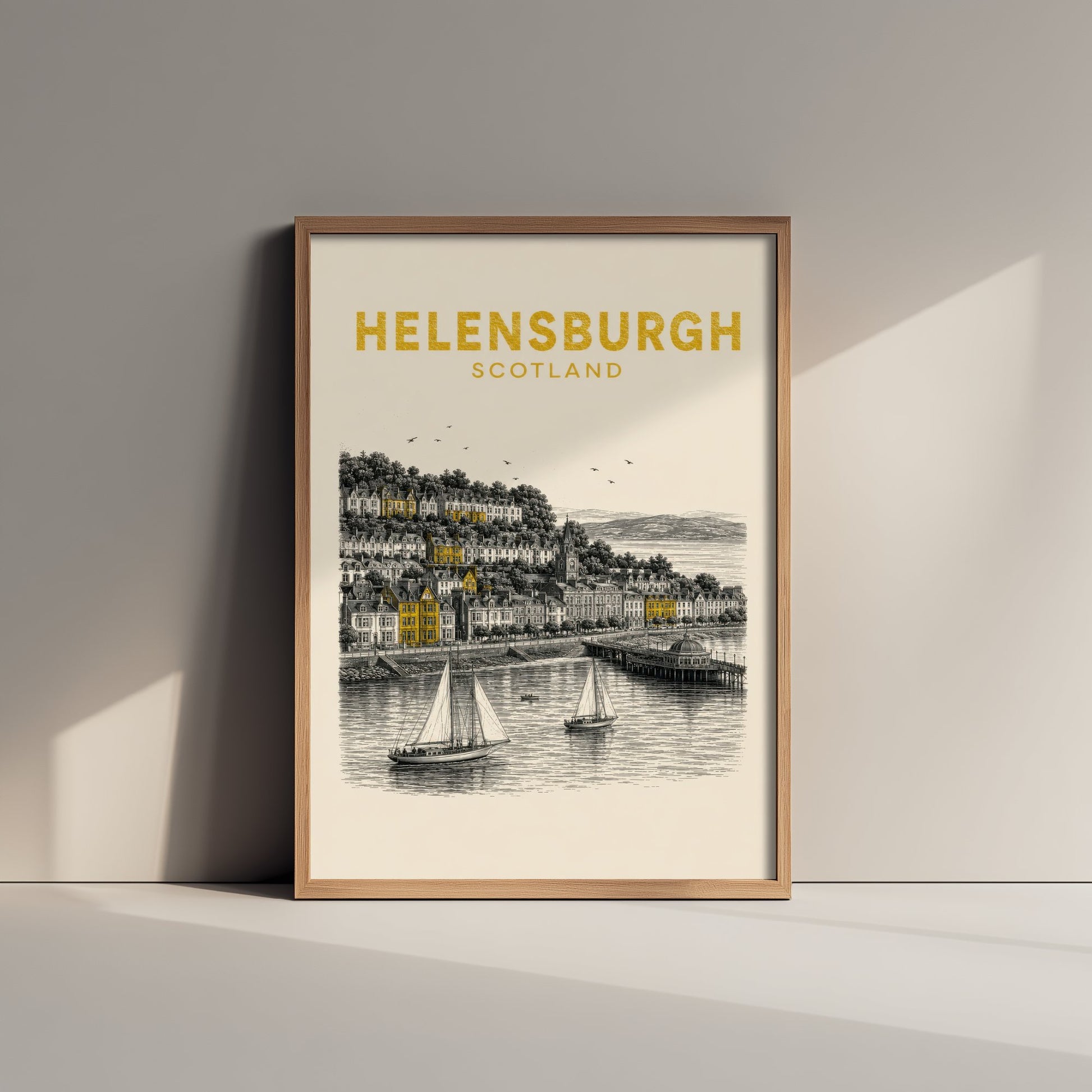 Helensburgh Scotland Travel Poster - Vintage Duotone Art Print - Engraved City Illustration - Seafront and Pier 1/3