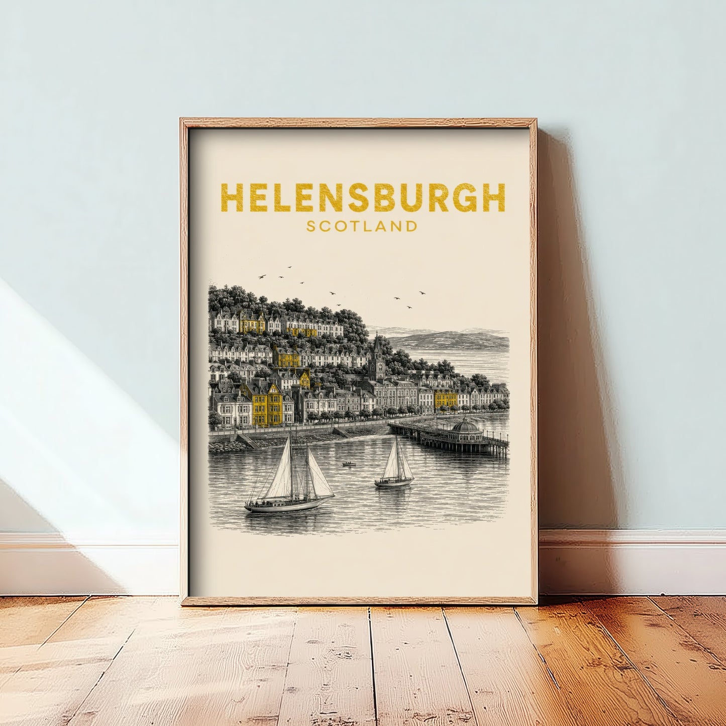 Helensburgh Scotland Travel Poster - Vintage Duotone Art Print - Engraved City Illustration - Seafront and Pier 1/3
