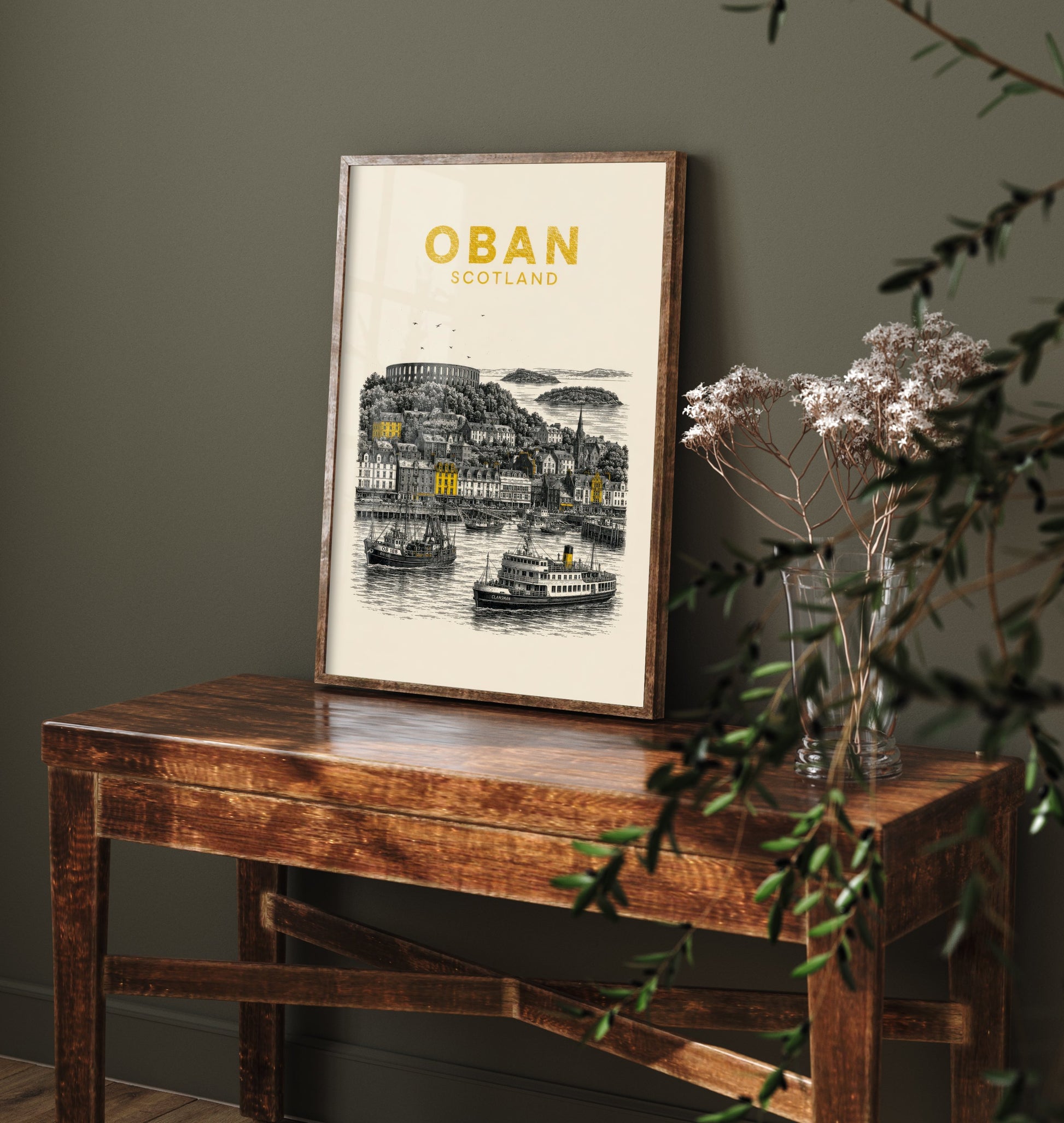 Oban Scotland Travel Poster - Vintage Duotone Art Print - Engraved City Illustration - McCaig's Tower and Harbour 2/3