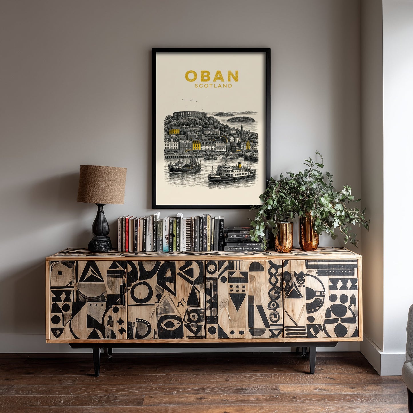 Oban Scotland Travel Poster - Vintage Duotone Art Print - Engraved City Illustration - McCaig's Tower and Harbour 2/3