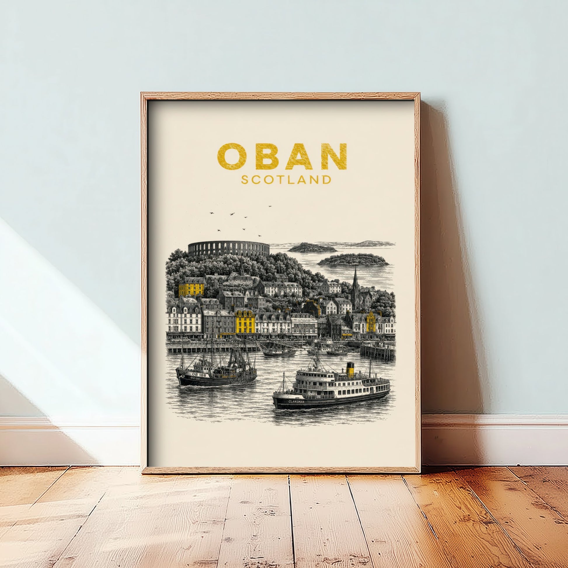 Oban Scotland Travel Poster - Vintage Duotone Art Print - Engraved City Illustration - McCaig's Tower and Harbour 2/3