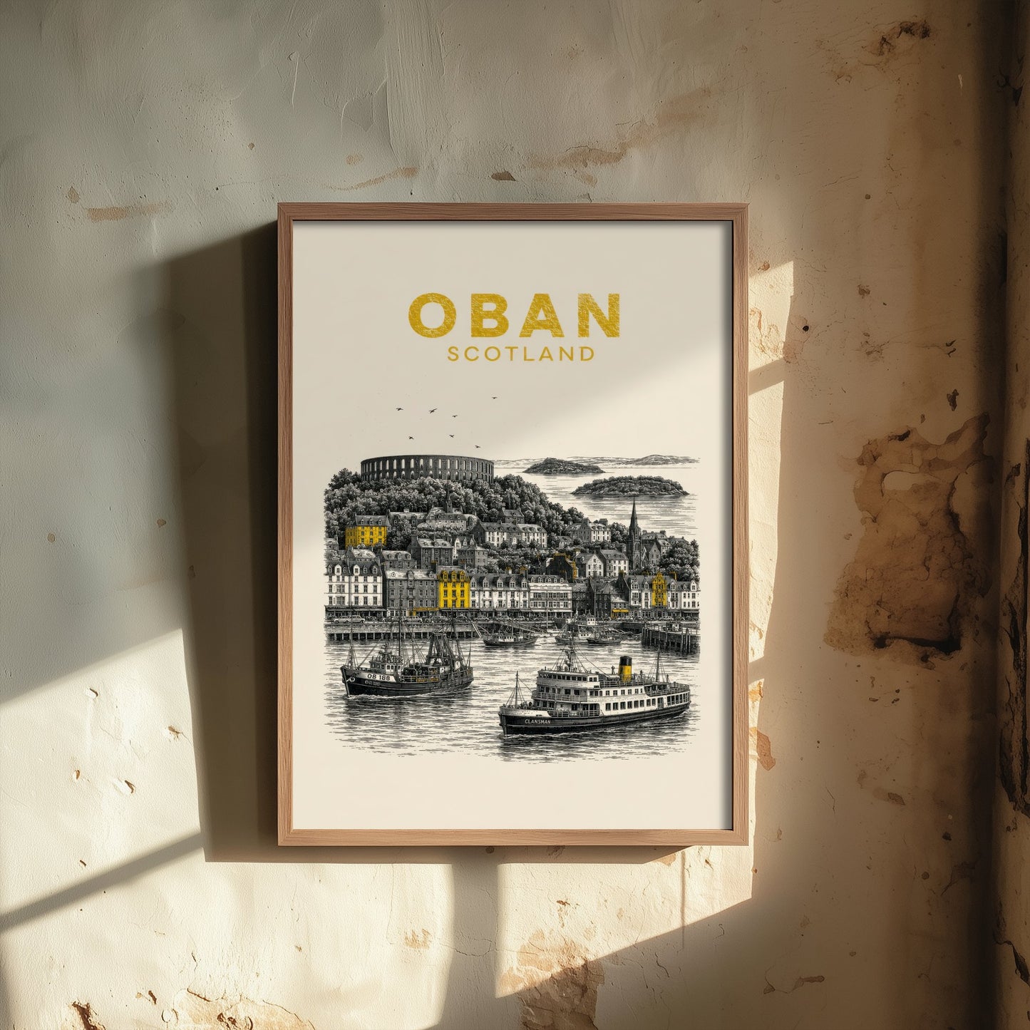 Oban Scotland Travel Poster - Vintage Duotone Art Print - Engraved City Illustration - McCaig's Tower and Harbour 2/3