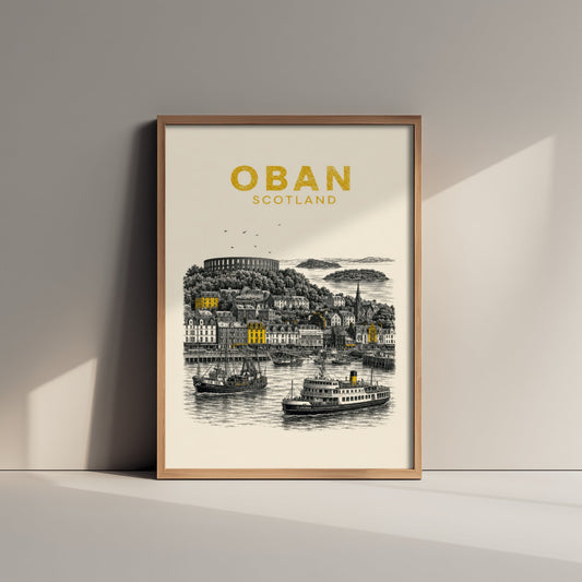 Oban Scotland Travel Poster - Vintage Duotone Art Print - Engraved City Illustration - McCaig's Tower and Harbour 2/3
