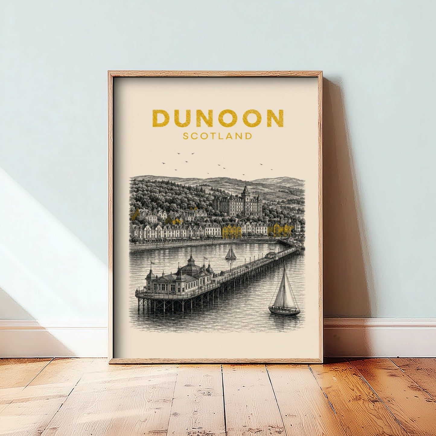 Dunoon Scotland Travel Poster - Vintage Duotone Art Print - Engraved City Illustration - Pier and Waterfront 3/3