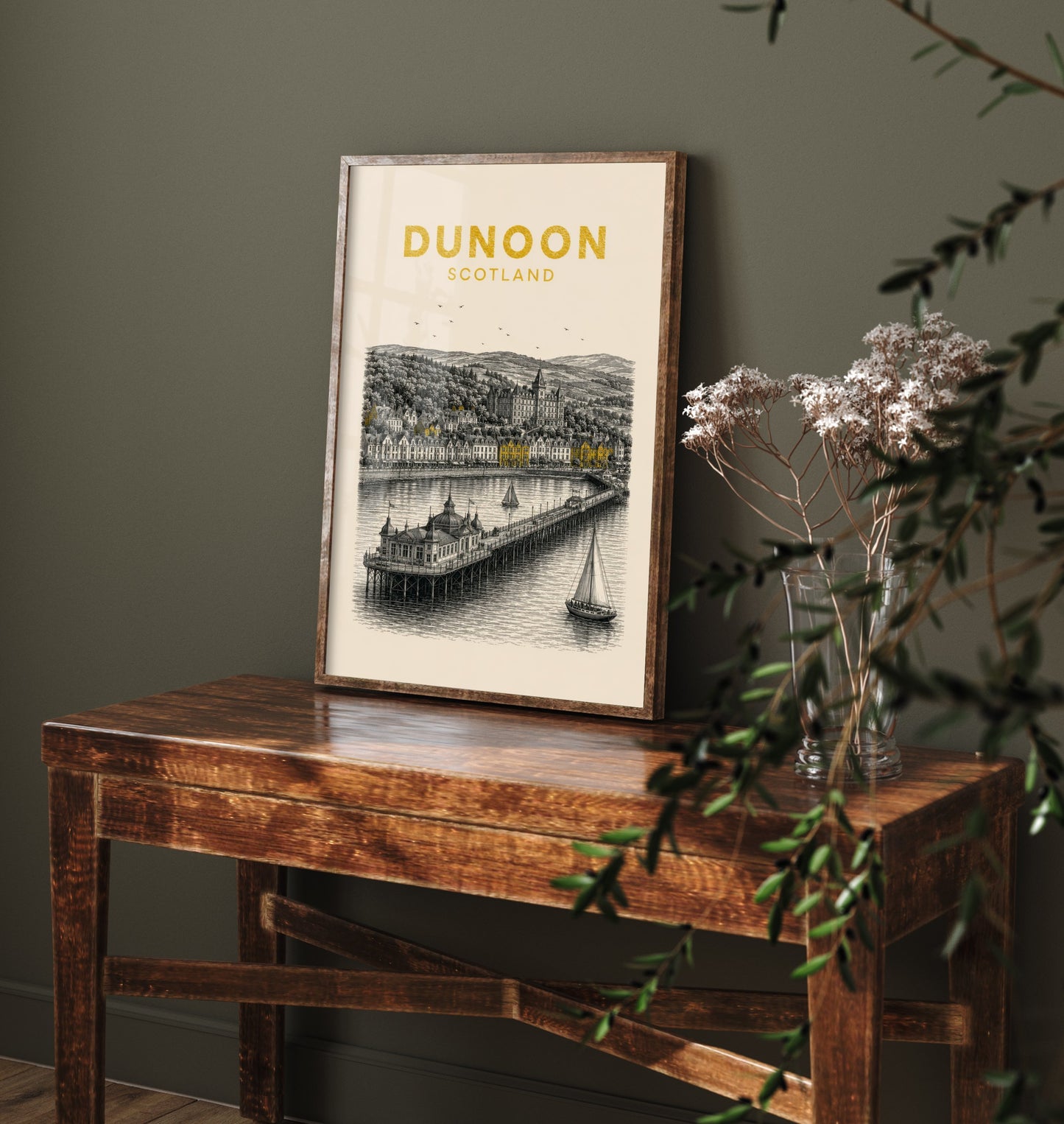 Dunoon Scotland Travel Poster - Vintage Duotone Art Print - Engraved City Illustration - Pier and Waterfront 3/3