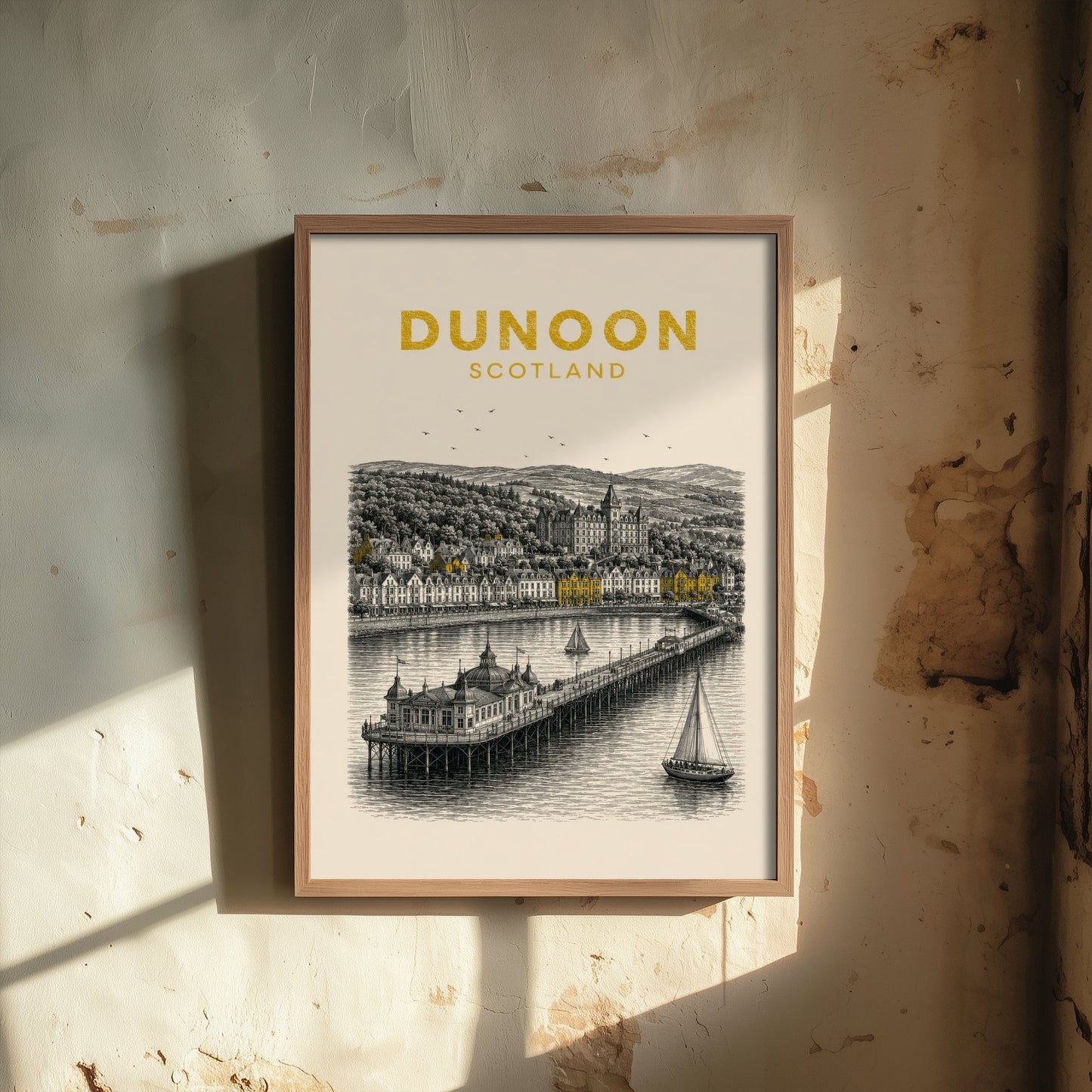 Dunoon Scotland Travel Poster - Vintage Duotone Art Print - Engraved City Illustration - Pier and Waterfront 3/3