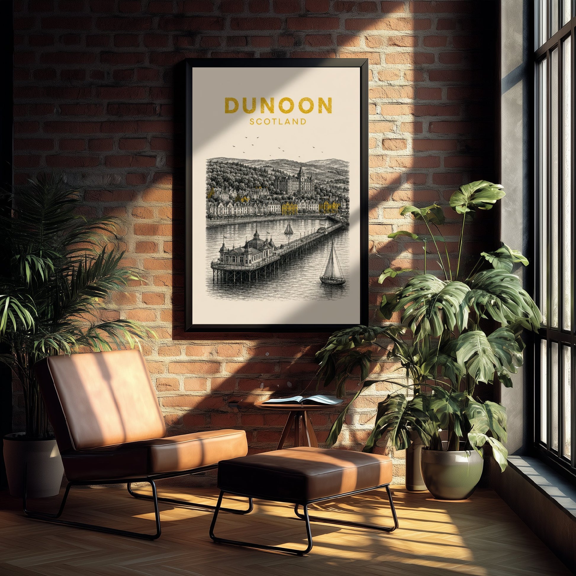 Dunoon Scotland Travel Poster - Vintage Duotone Art Print - Engraved City Illustration - Pier and Waterfront 3/3