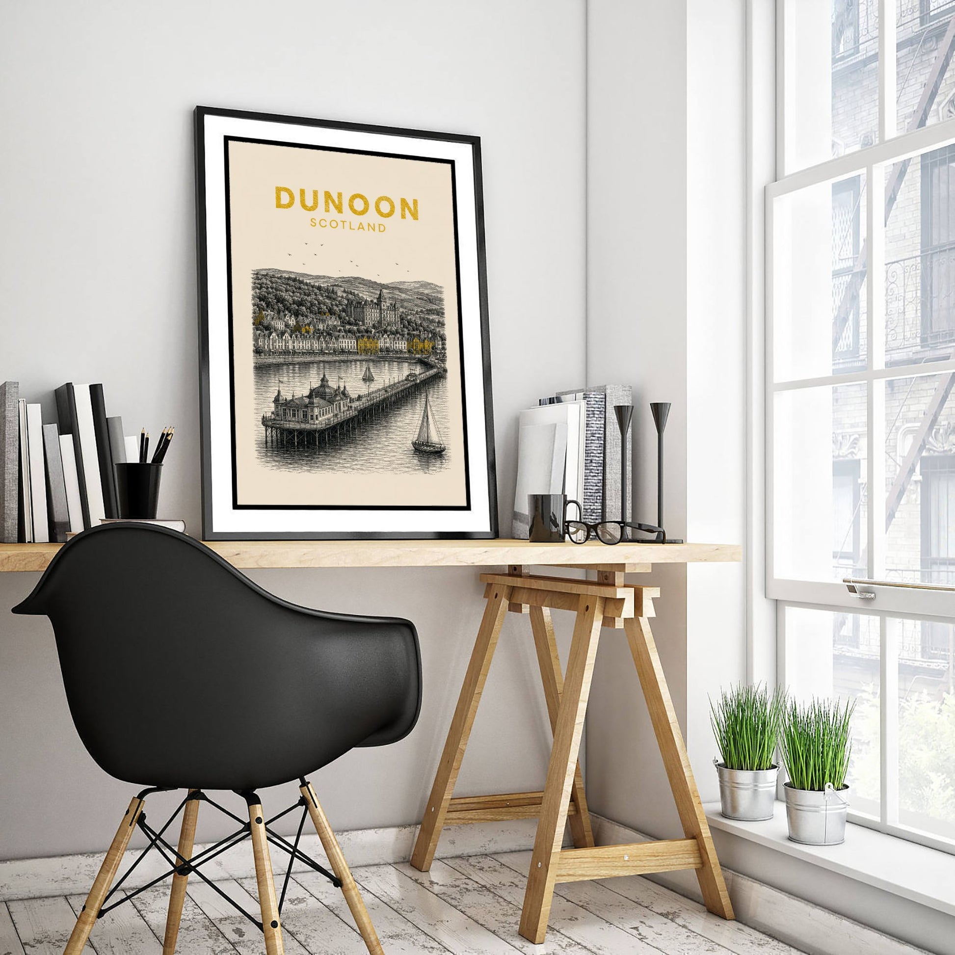 Dunoon Scotland Travel Poster - Vintage Duotone Art Print - Engraved City Illustration - Pier and Waterfront 3/3