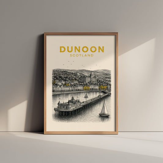 Dunoon Scotland Travel Poster - Vintage Duotone Art Print - Engraved City Illustration - Pier and Waterfront 3/3