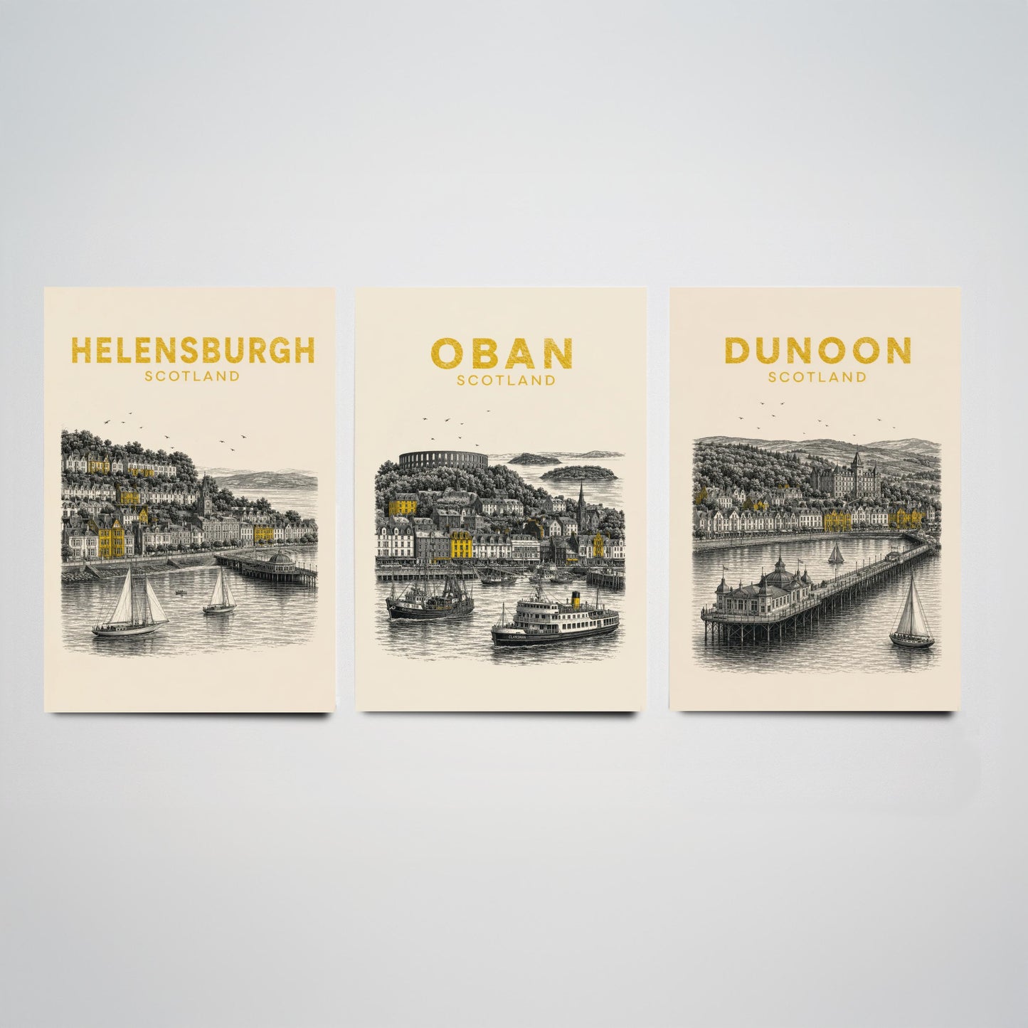 Set of Three Argyll and Bute Travel Posters - Helensburgh, Oban, Dunoon - Vintage Duotone Art Prints - Scotland Illustration Gift