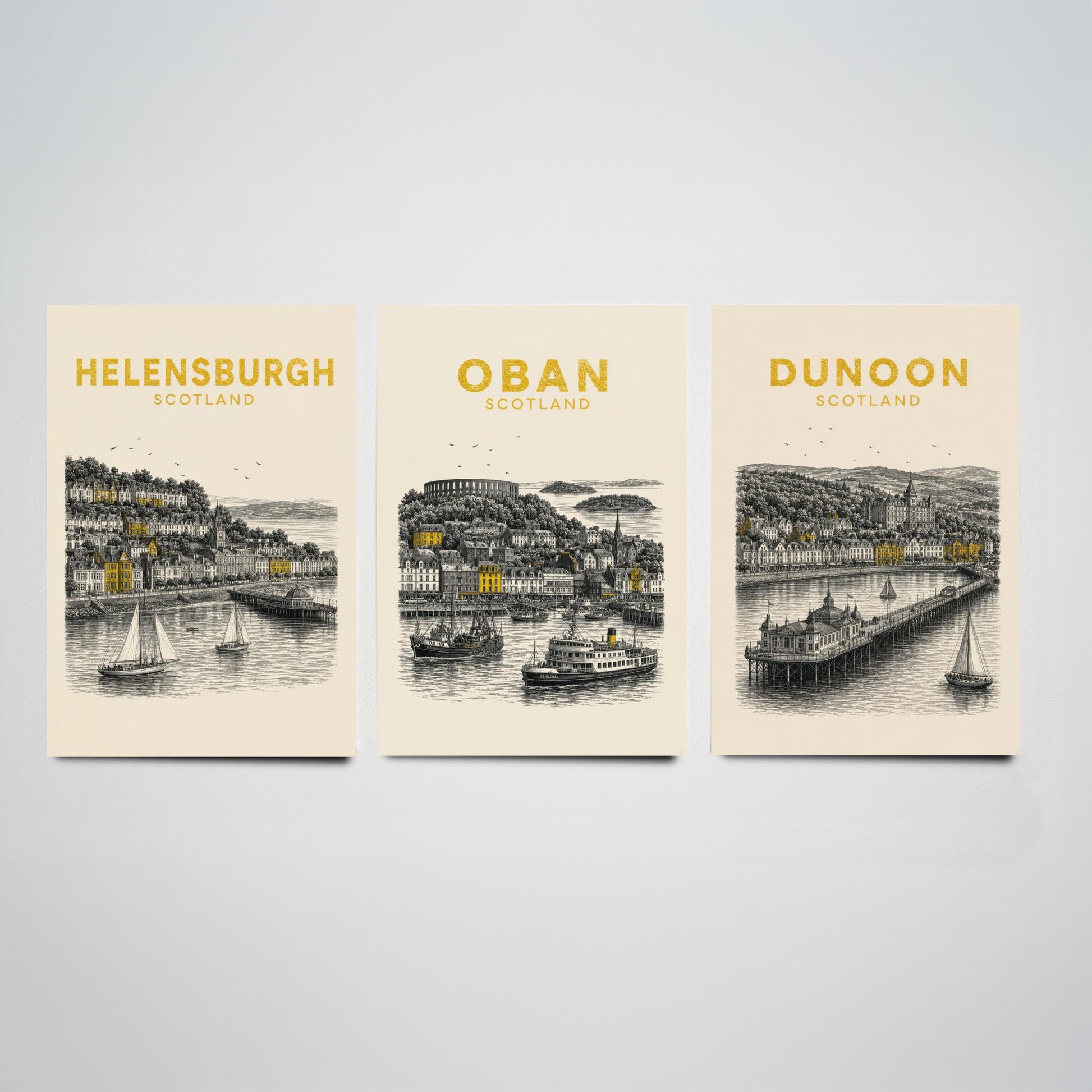Set of Three Argyll and Bute Travel Posters - Helensburgh, Oban, Dunoon - Vintage Duotone Art Prints - Scotland Illustration Gift