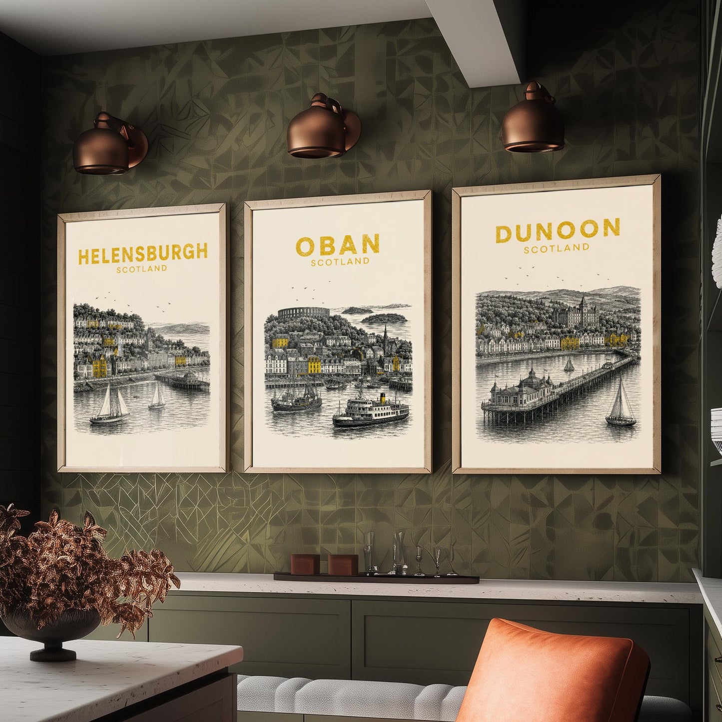 Set of Three Argyll and Bute Travel Posters - Helensburgh, Oban, Dunoon - Vintage Duotone Art Prints - Scotland Illustration Gift