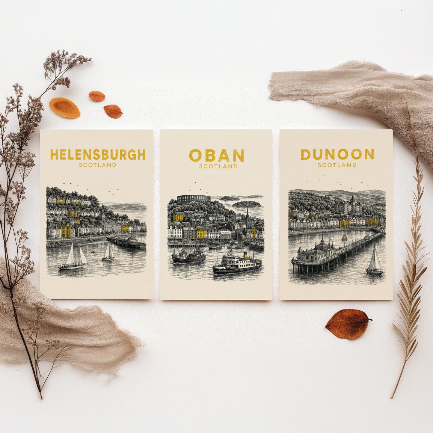 Set of Three Argyll and Bute Travel Posters - Helensburgh, Oban, Dunoon - Vintage Duotone Art Prints - Scotland Illustration Gift