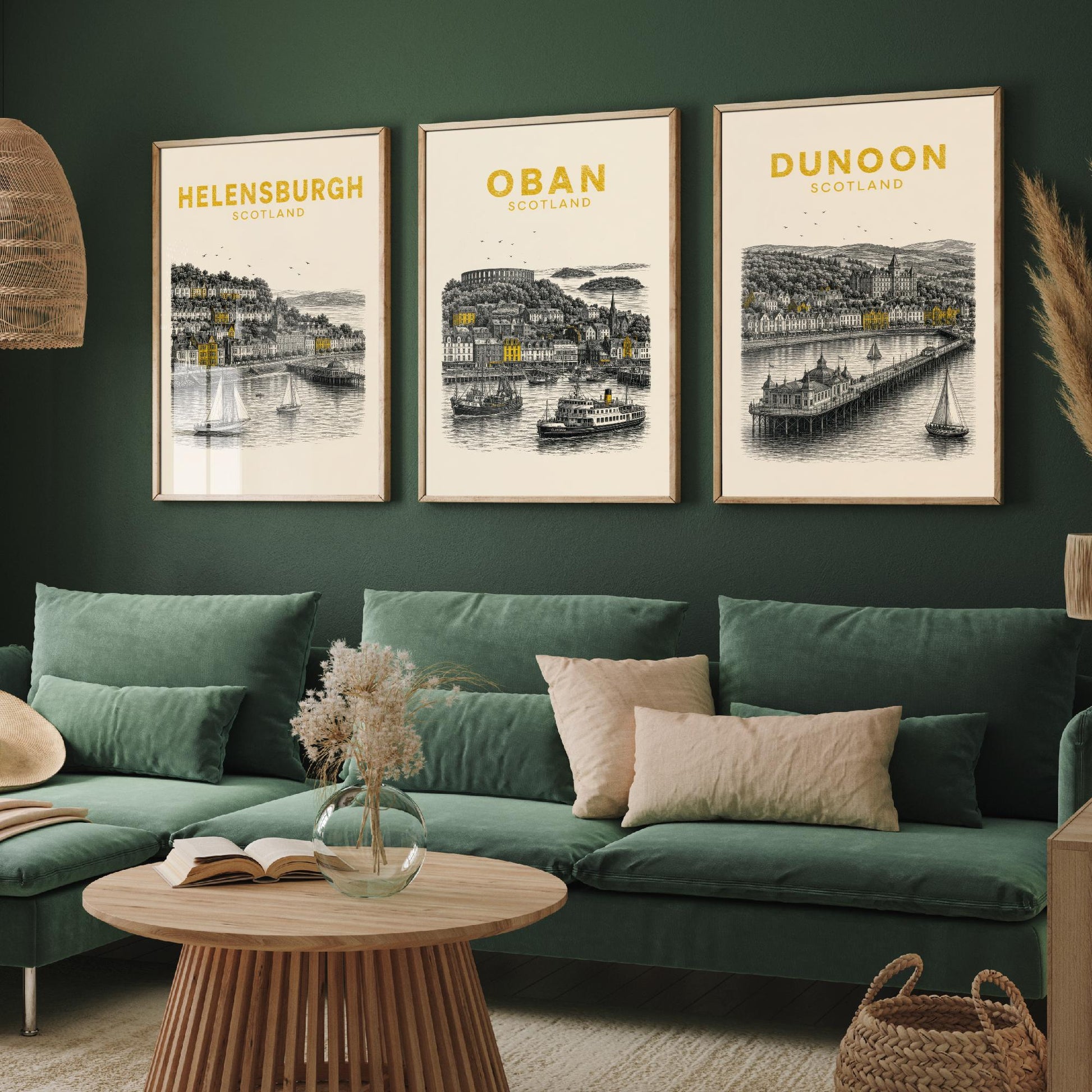 Set of Three Argyll and Bute Travel Posters - Helensburgh, Oban, Dunoon - Vintage Duotone Art Prints - Scotland Illustration Gift