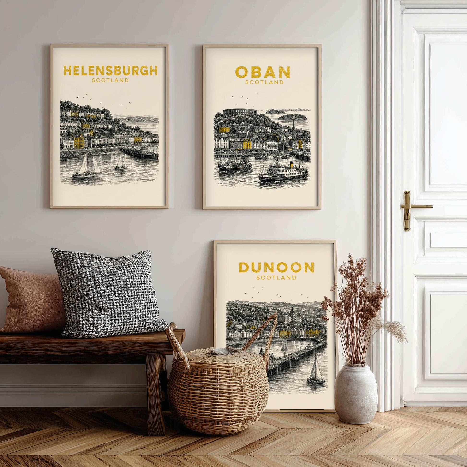Set of Three Argyll and Bute Travel Posters - Helensburgh, Oban, Dunoon - Vintage Duotone Art Prints - Scotland Illustration Gift
