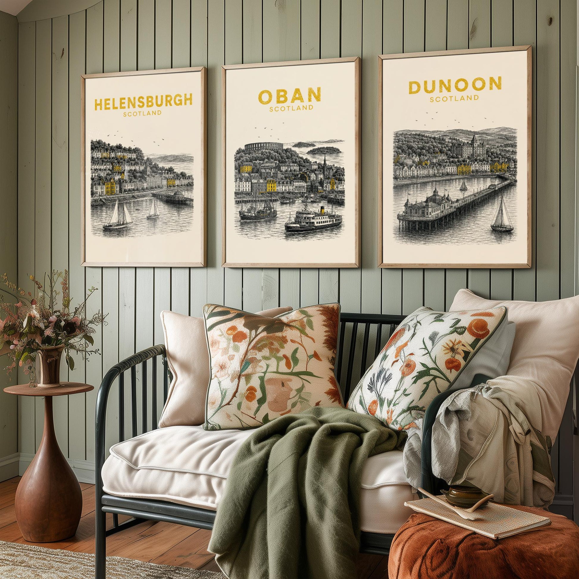 Set of Three Argyll and Bute Travel Posters - Helensburgh, Oban, Dunoon - Vintage Duotone Art Prints - Scotland Illustration Gift