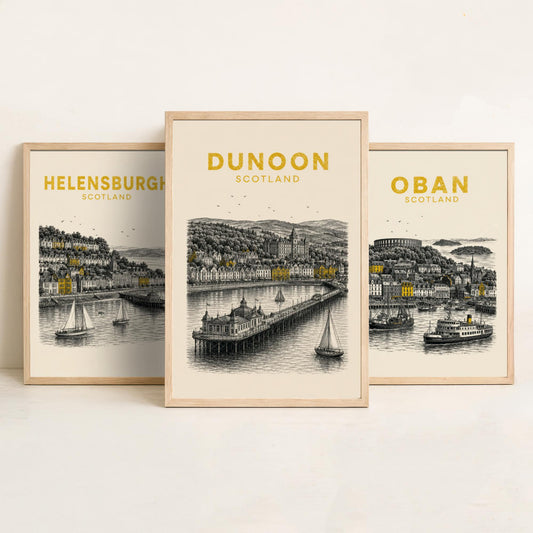 Set of Three Argyll and Bute Travel Posters - Helensburgh, Oban, Dunoon - Vintage Duotone Art Prints - Scotland Illustration Gift