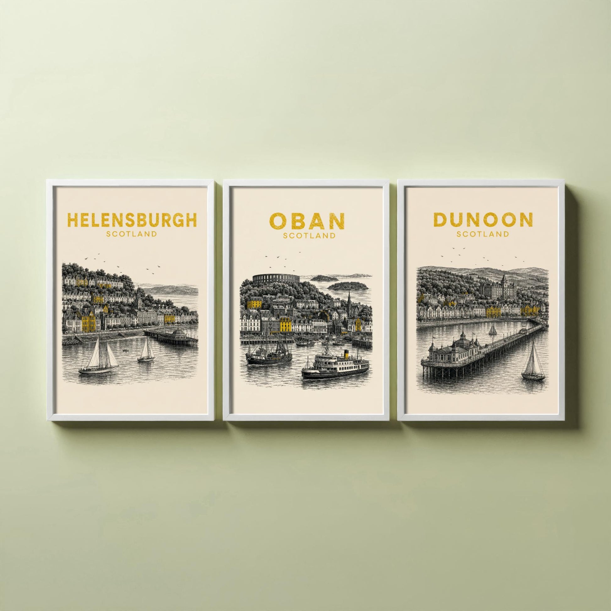 Set of Three Argyll and Bute Travel Posters - Helensburgh, Oban, Dunoon - Vintage Duotone Art Prints - Scotland Illustration Gift