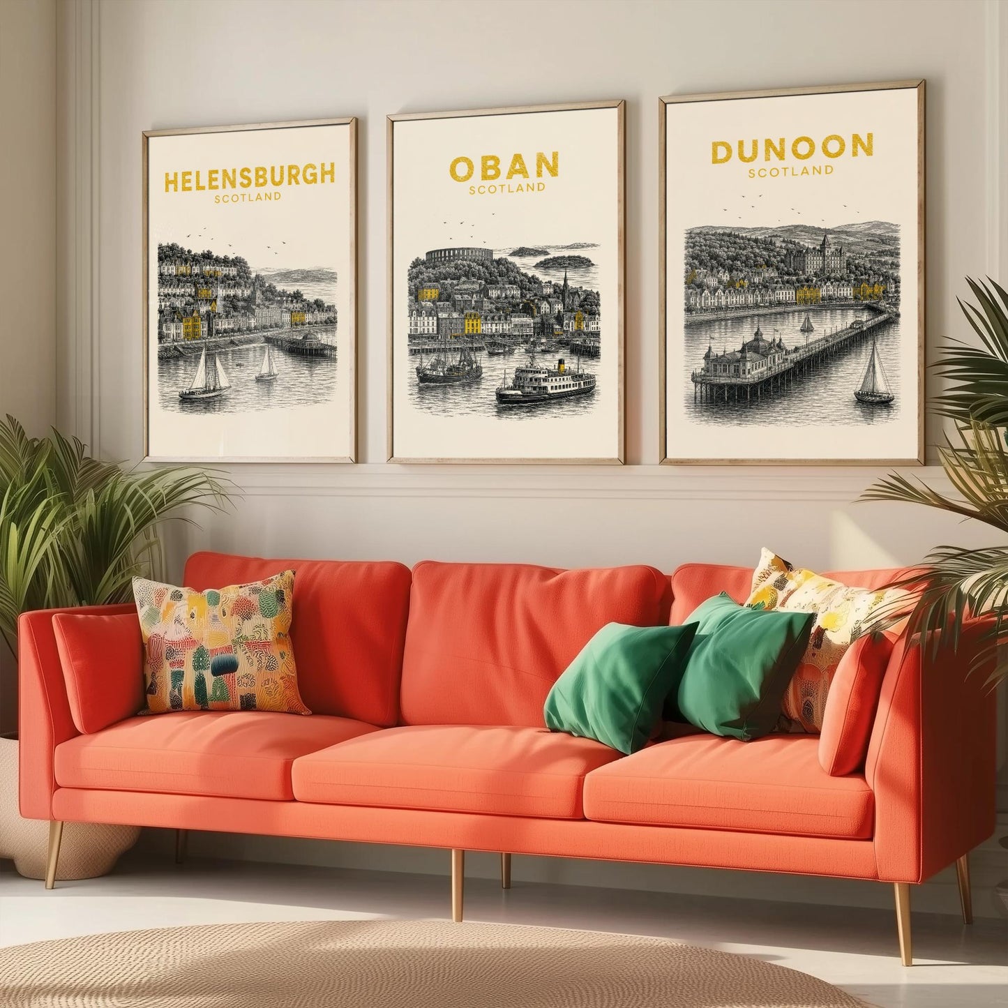 Set of Three Argyll and Bute Travel Posters - Helensburgh, Oban, Dunoon - Vintage Duotone Art Prints - Scotland Illustration Gift