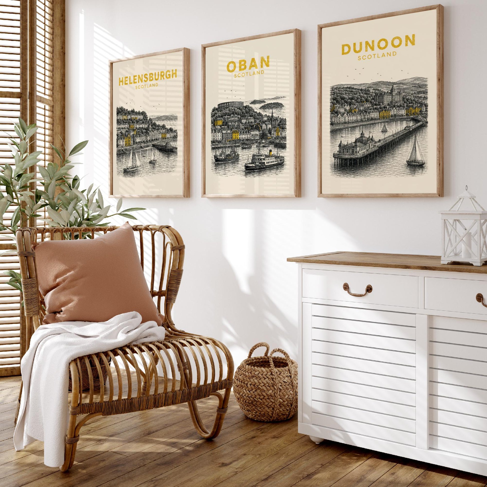 Set of Three Argyll and Bute Travel Posters - Helensburgh, Oban, Dunoon - Vintage Duotone Art Prints - Scotland Illustration Gift