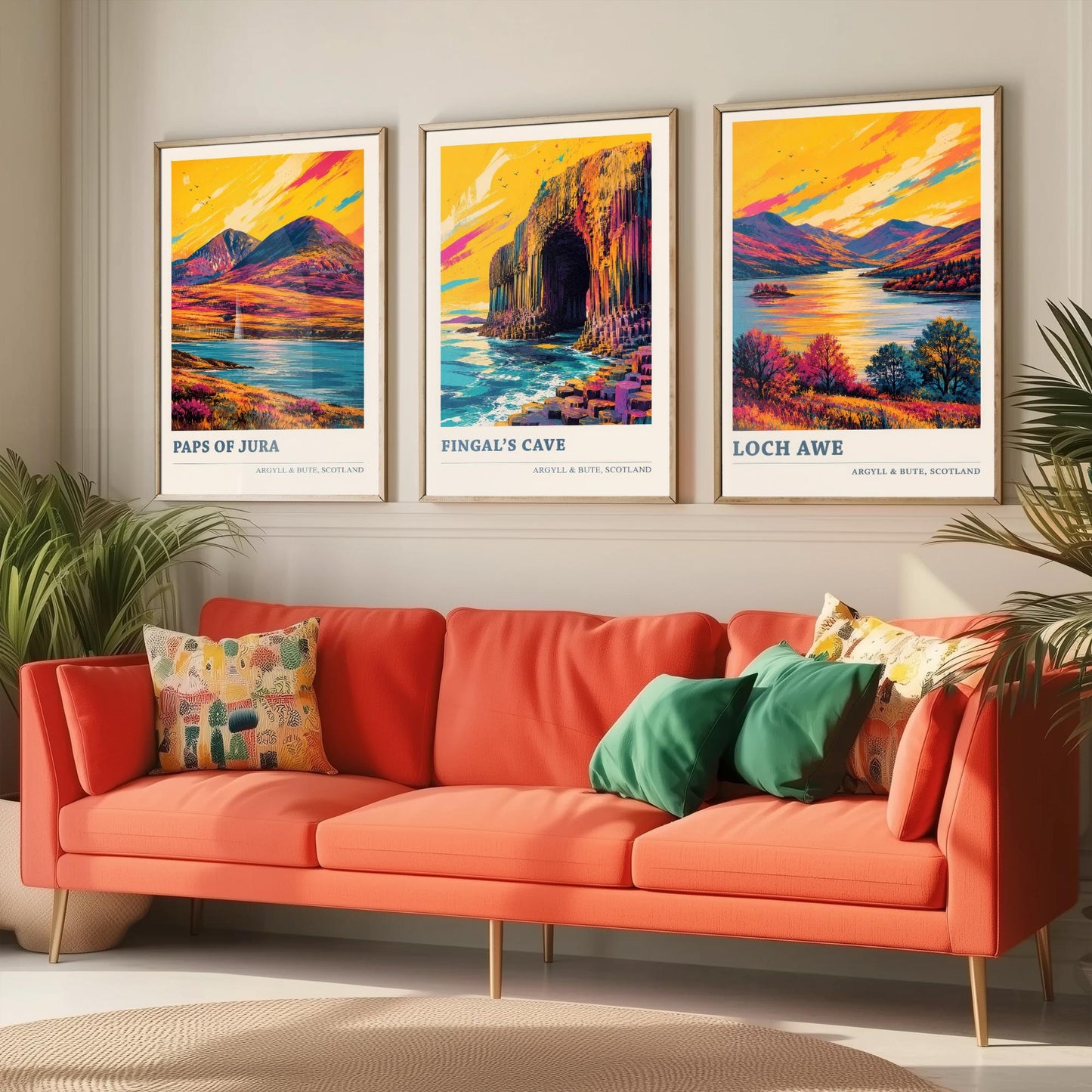 Argyll and Bute Scotland Set of Three Prints | Paps of Jura Fingals Cave Loch Awe | Vibrant Highland Painting Wall Art Poster