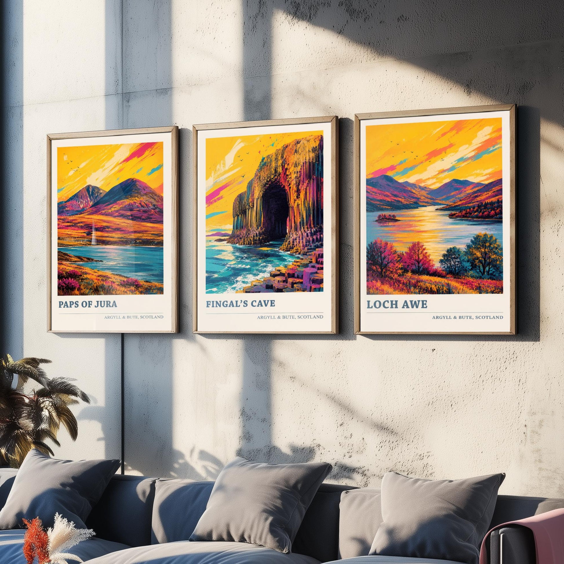 Argyll and Bute Scotland Set of Three Prints | Paps of Jura Fingals Cave Loch Awe | Vibrant Highland Painting Wall Art Poster
