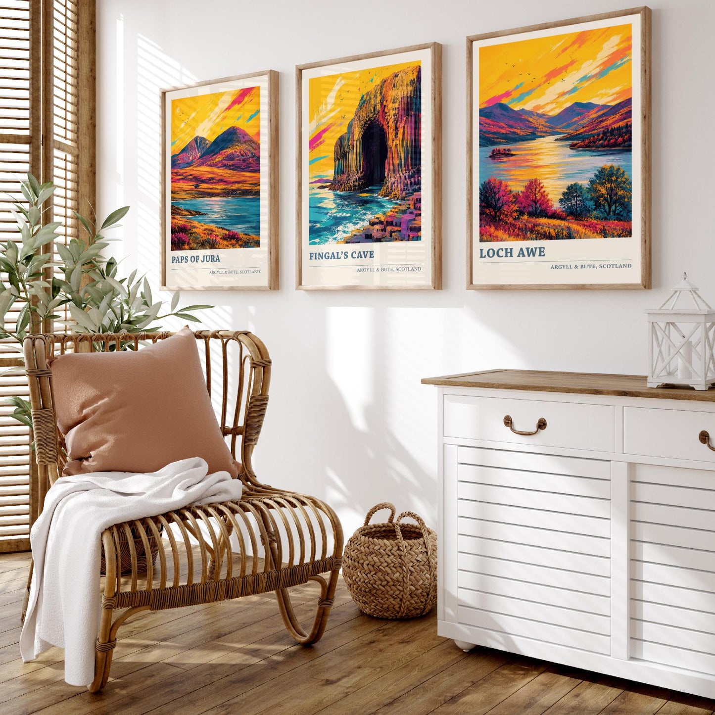 Argyll and Bute Scotland Set of Three Prints | Paps of Jura Fingals Cave Loch Awe | Vibrant Highland Painting Wall Art Poster