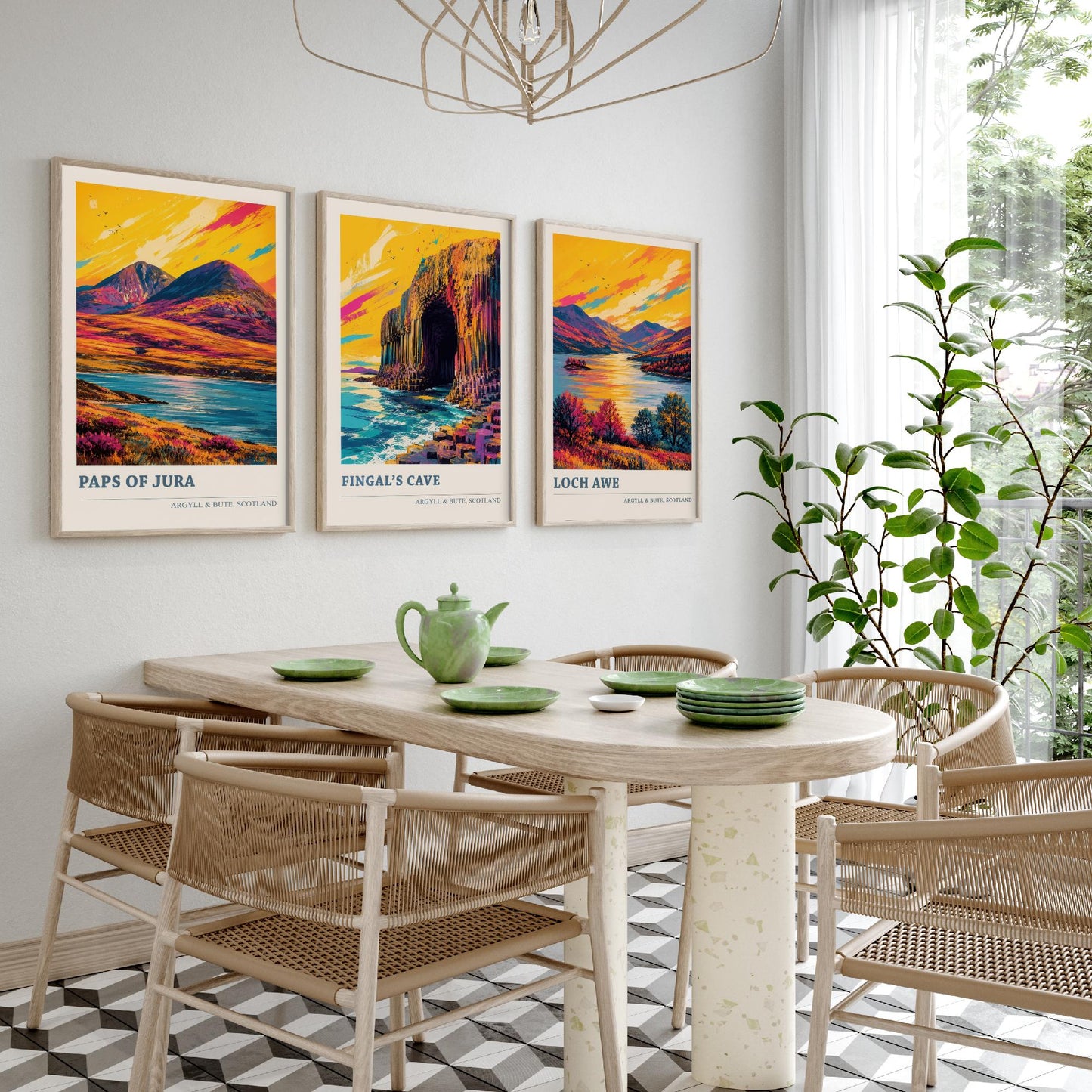 Argyll and Bute Scotland Set of Three Prints | Paps of Jura Fingals Cave Loch Awe | Vibrant Highland Painting Wall Art Poster