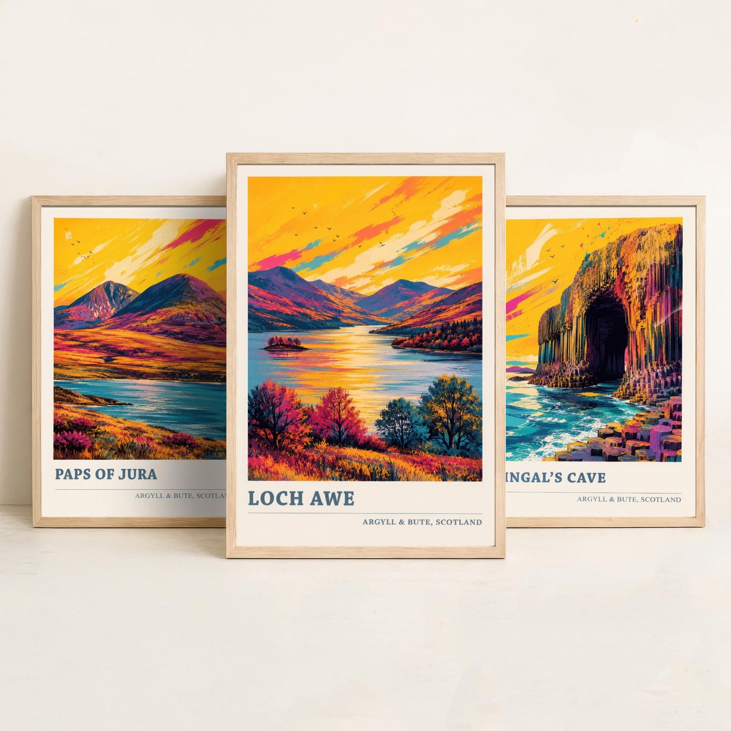 Argyll and Bute Scotland Set of Three Prints | Paps of Jura Fingals Cave Loch Awe | Vibrant Highland Painting Wall Art Poster