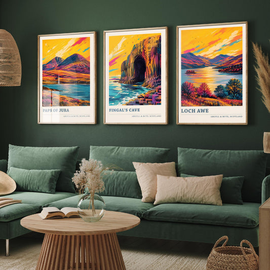 Argyll and Bute Scotland Set of Three Prints | Paps of Jura Fingals Cave Loch Awe | Vibrant Highland Painting Wall Art Poster