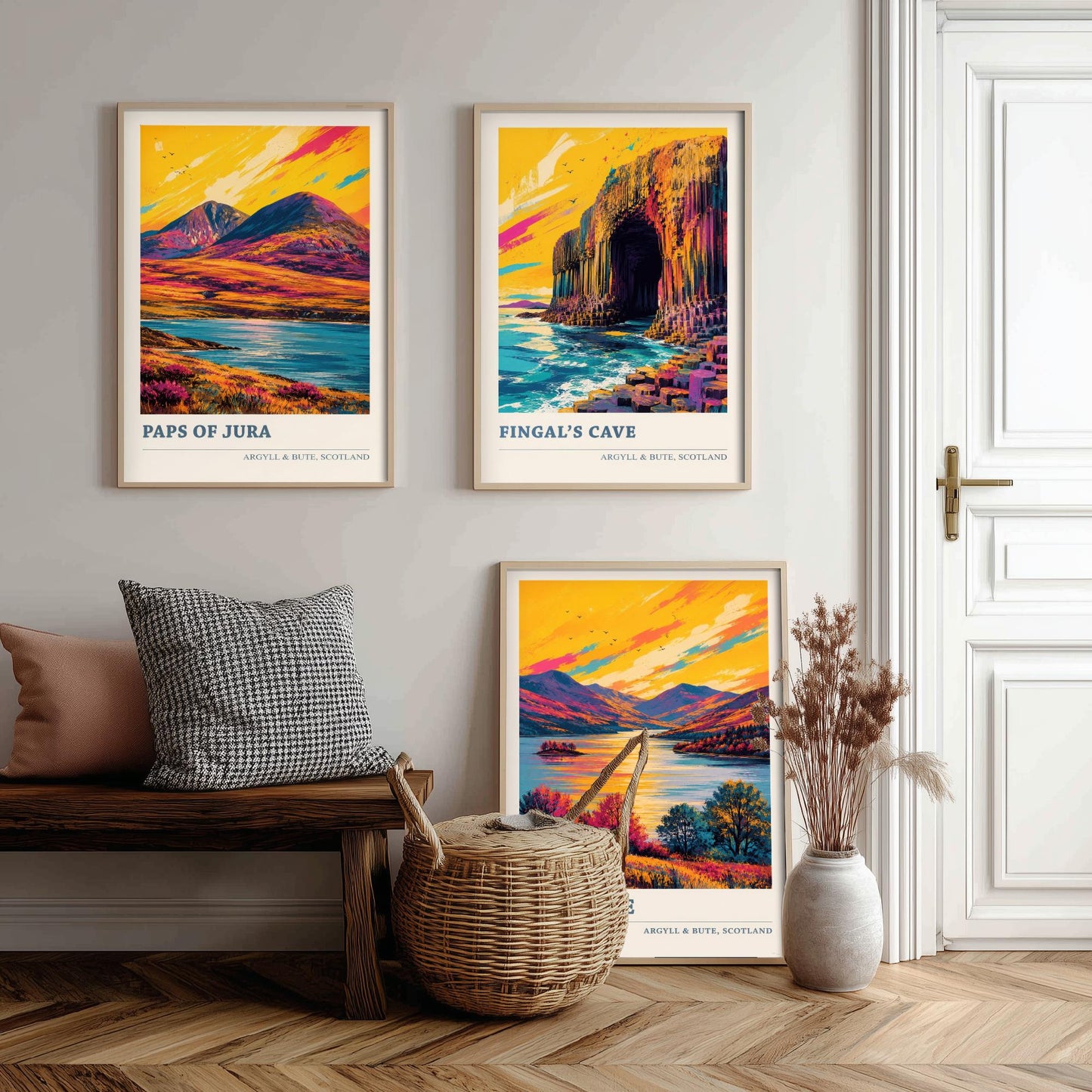 Argyll and Bute Scotland Set of Three Prints | Paps of Jura Fingals Cave Loch Awe | Vibrant Highland Painting Wall Art Poster